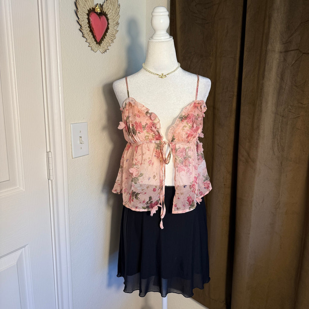 Y2K Sheer 3D Floral Chiffon Babydoll Cami Top Rose Print Fairycore Coquette