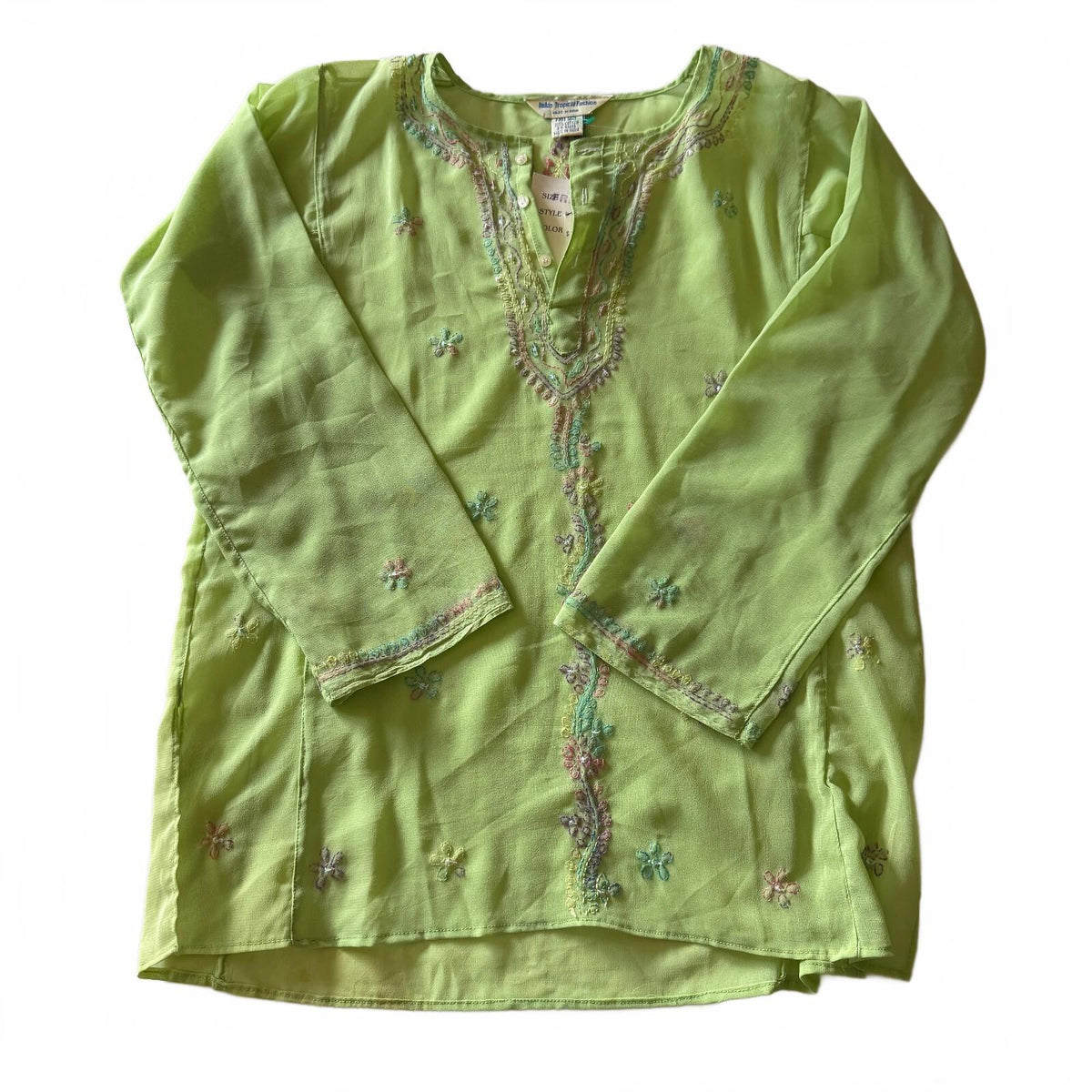 Indian Tropical Fashions New With Tags Green Sheer Tunic Beaded Floral One Size