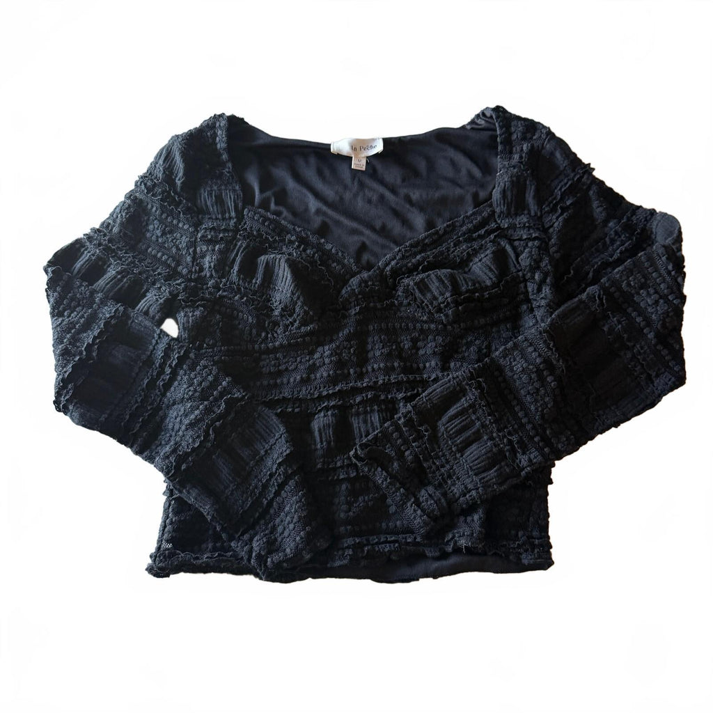 La Peche Sz M Black Textured Lace Crop Top Wrap V-Neck Goth Fairycore Coquette