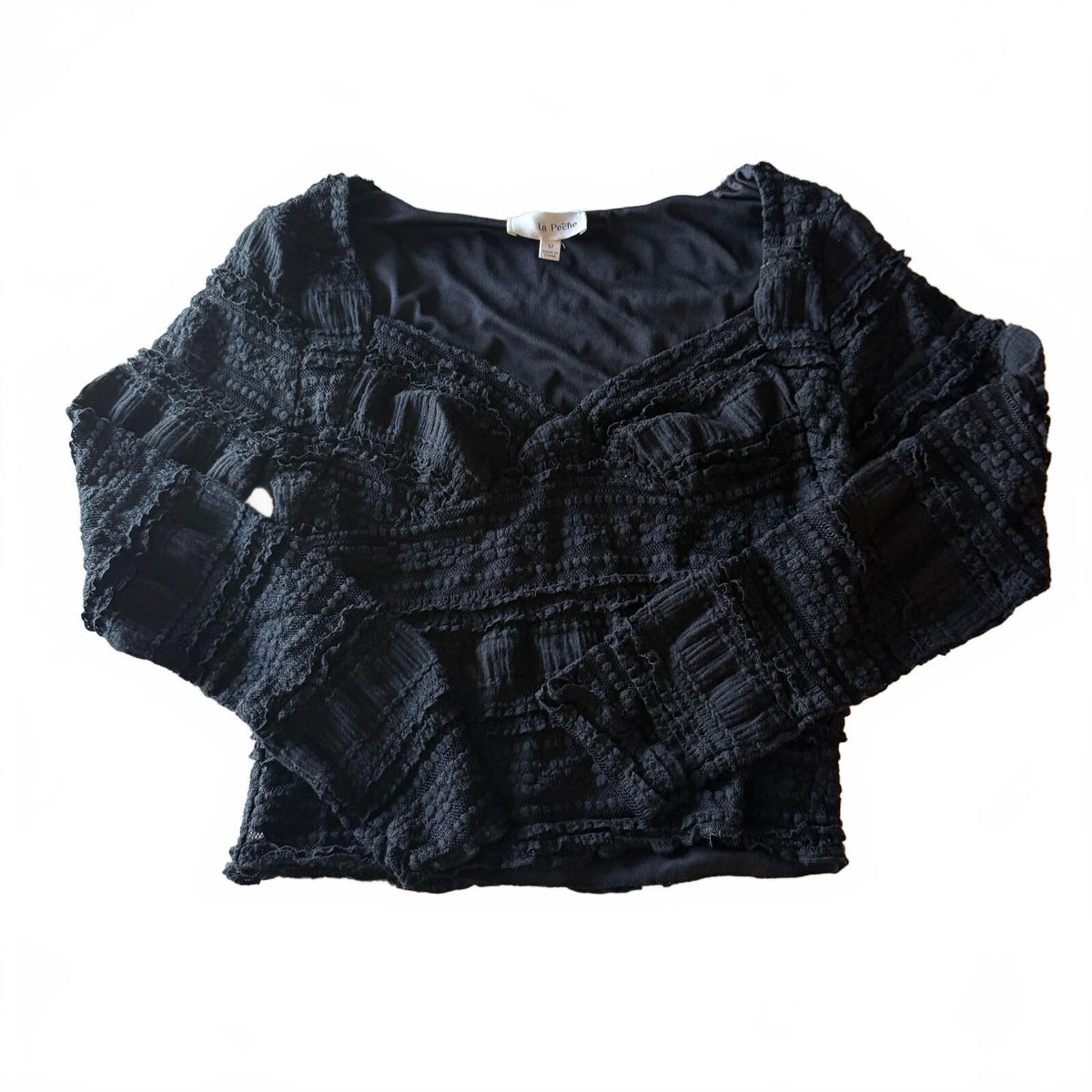La Peche Sz M Black Textured Lace Crop Top Wrap V-Neck Goth Fairycore Coquette