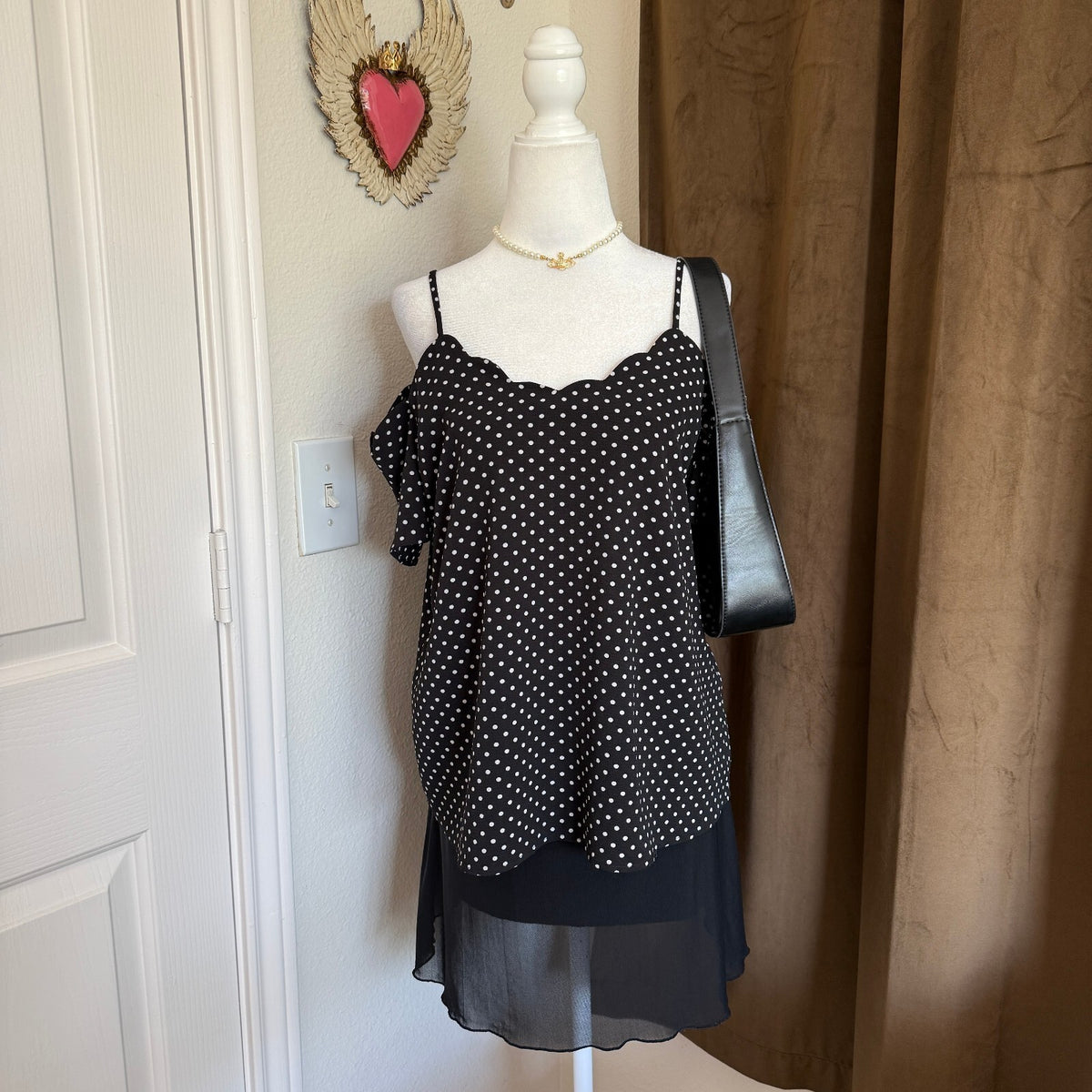 Monteau Los Angeles Anthropologie Black Polka Dot Cold Shoulder Scalloped Blouse