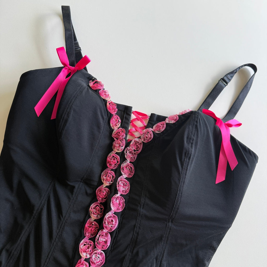 Cacique Black Pink Rosette Lace Up Bustier Cami Plus 22/24 Fairycore Coquette