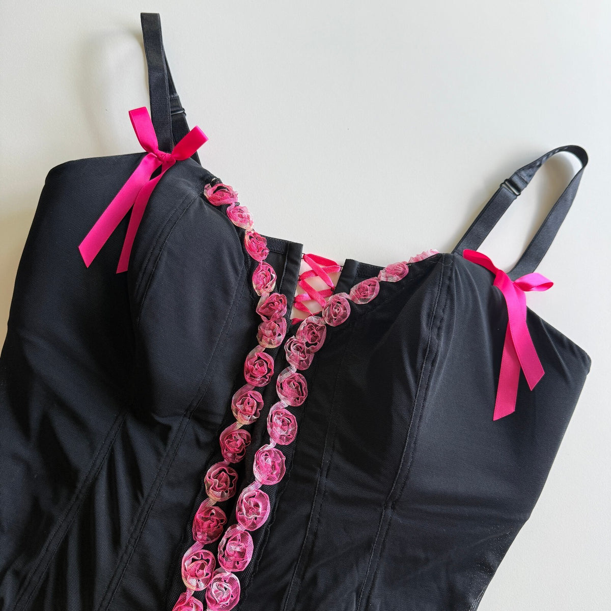 Cacique Black Pink Rosette Lace Up Bustier Cami Plus 22/24 Fairycore Coquette
