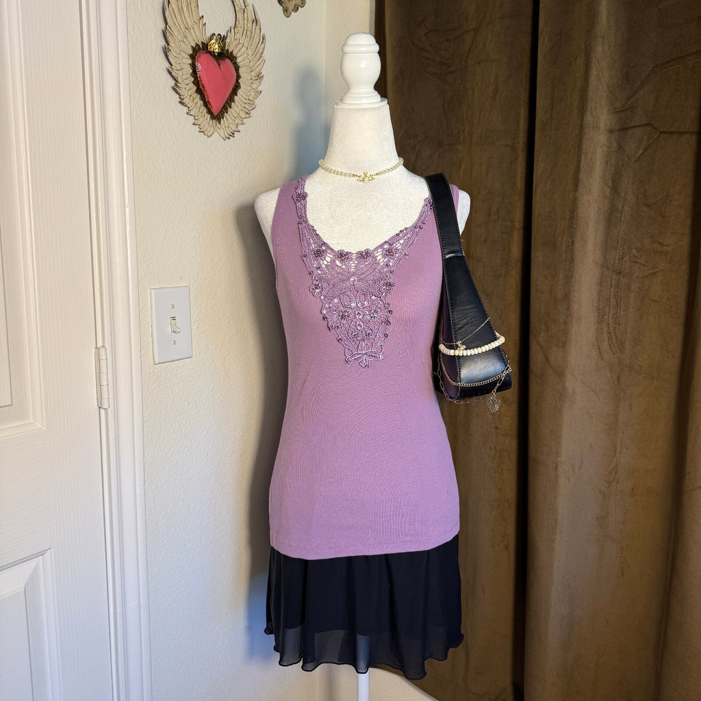 Mixit Petite Purple Ribbed Tank Top Crochet Lace Applique Sequins Y2K Boho Sz M