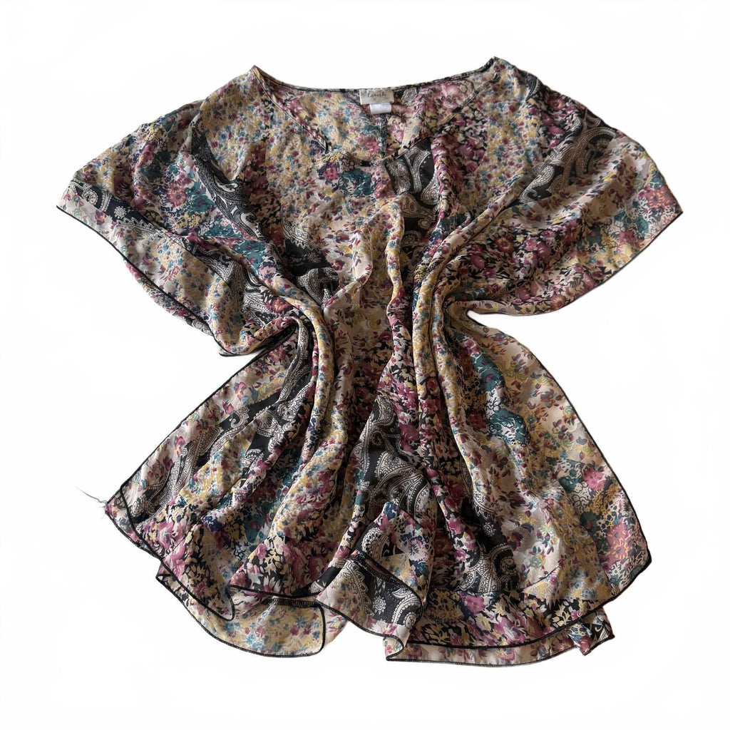 Lavish Bohemian Floral Paisley Print Sheer Blouse Top Layering Whimsical Poncho
