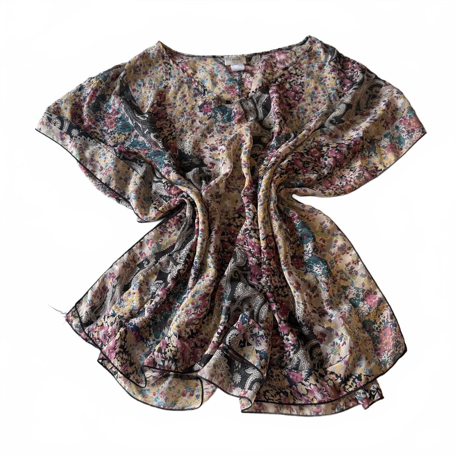 Lavish Bohemian Floral Paisley Print Sheer Blouse Top Layering Whimsical Poncho