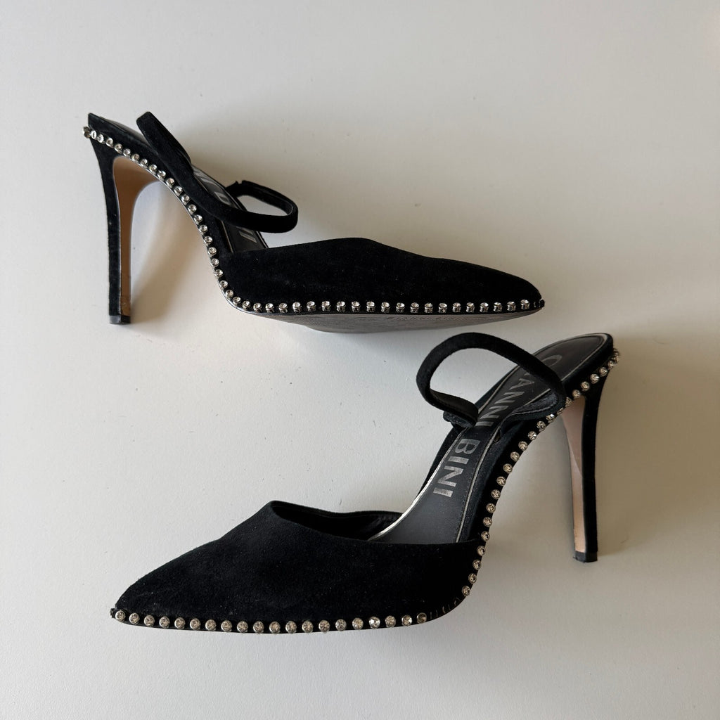 Gianni Bini Black Suede Rhinestone Trim Slingback Pointed Heels Sz 10