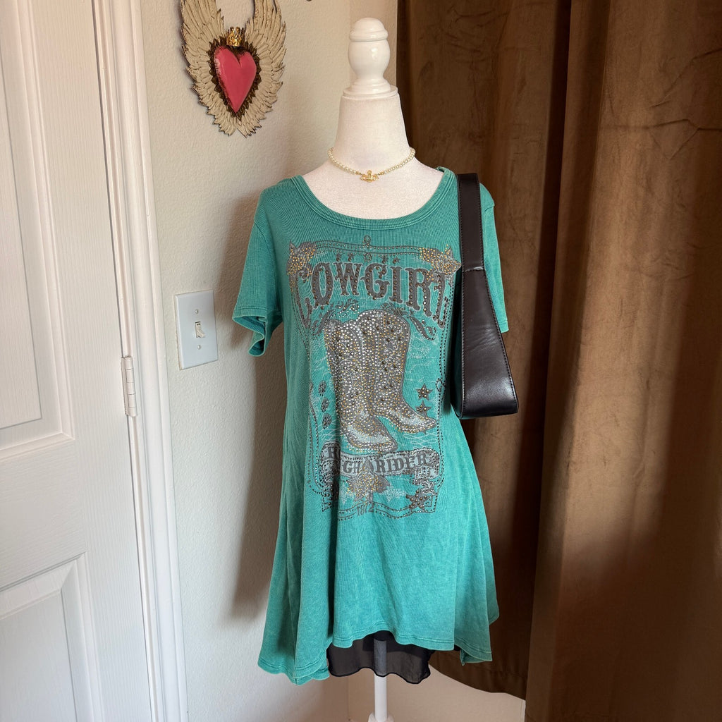 Vocal USA Rhinestone Beaded Cowgirl Ribbed Asymmetric Mini Dress/Tunic 2XL
