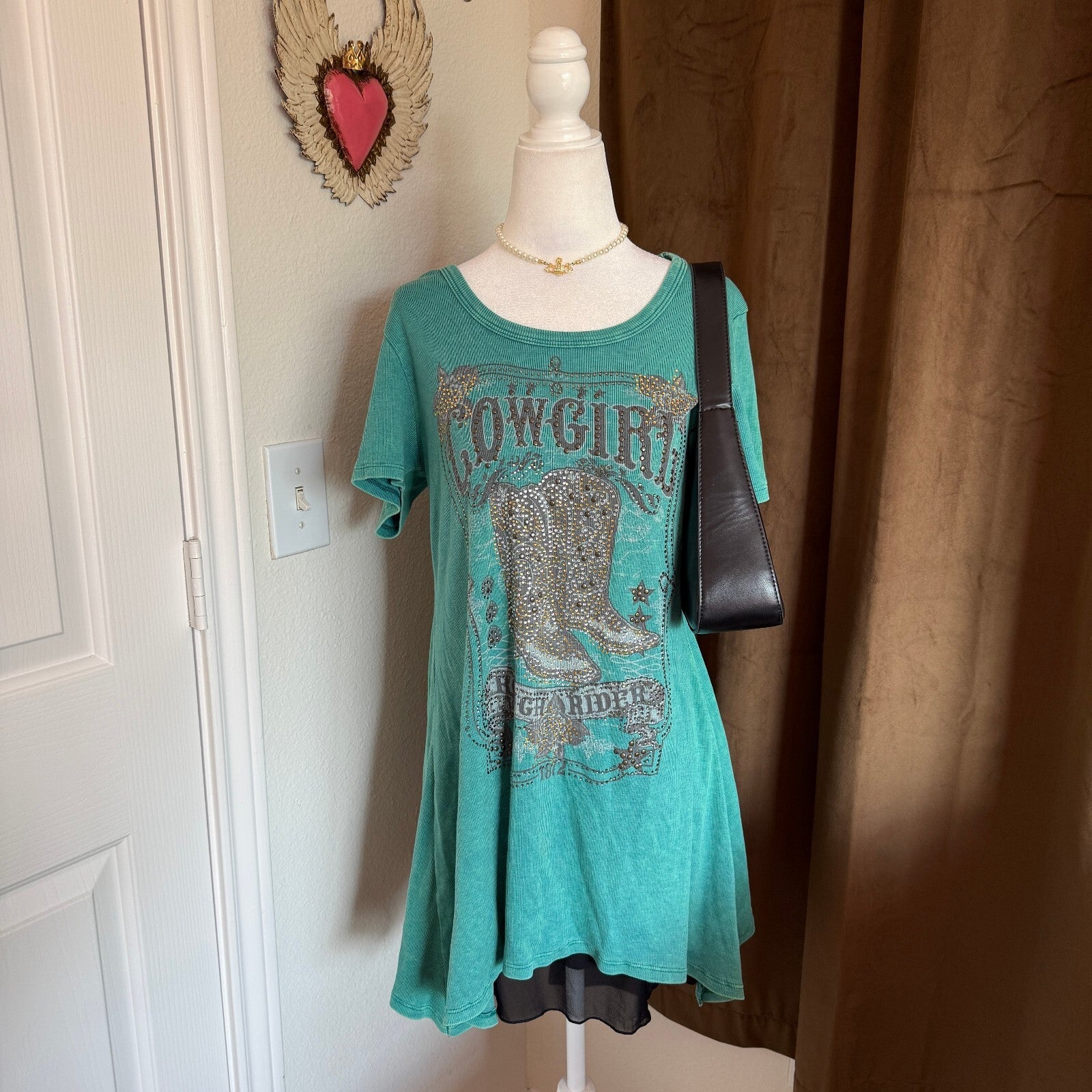 Vocal USA Rhinestone Beaded Cowgirl Ribbed Asymmetric Mini Dress/Tunic 2XL