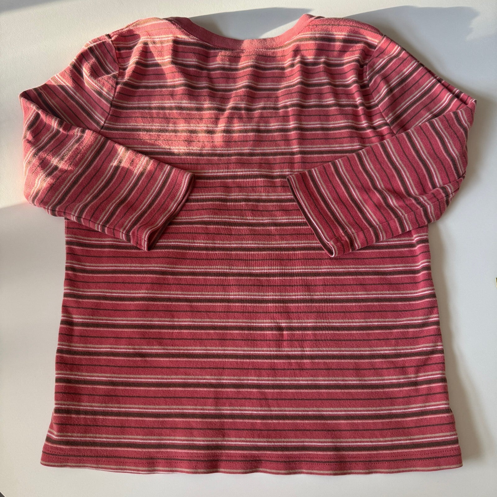 Women's Striped V-Neck Cotton Top in Coral and Brown 100% Cotton