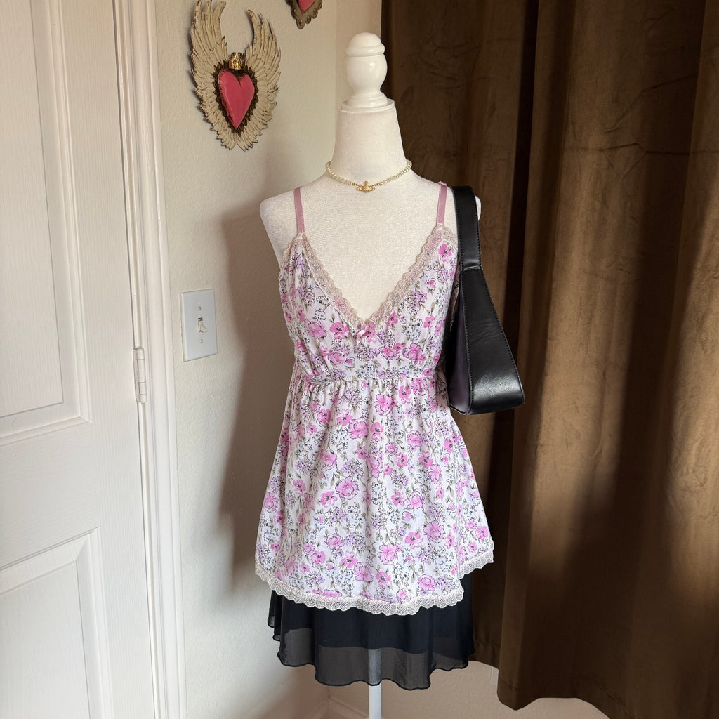 Y2K Vintage Floral Laura Ashley Floral Lace Trim Tank Top Women's XL