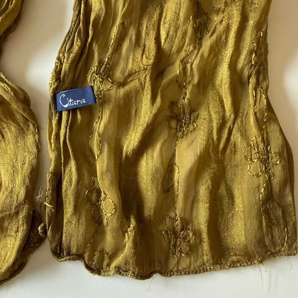 Citara Pleated Olive Green Rayon Scarf with Floral Embroidery Bohemian Layering