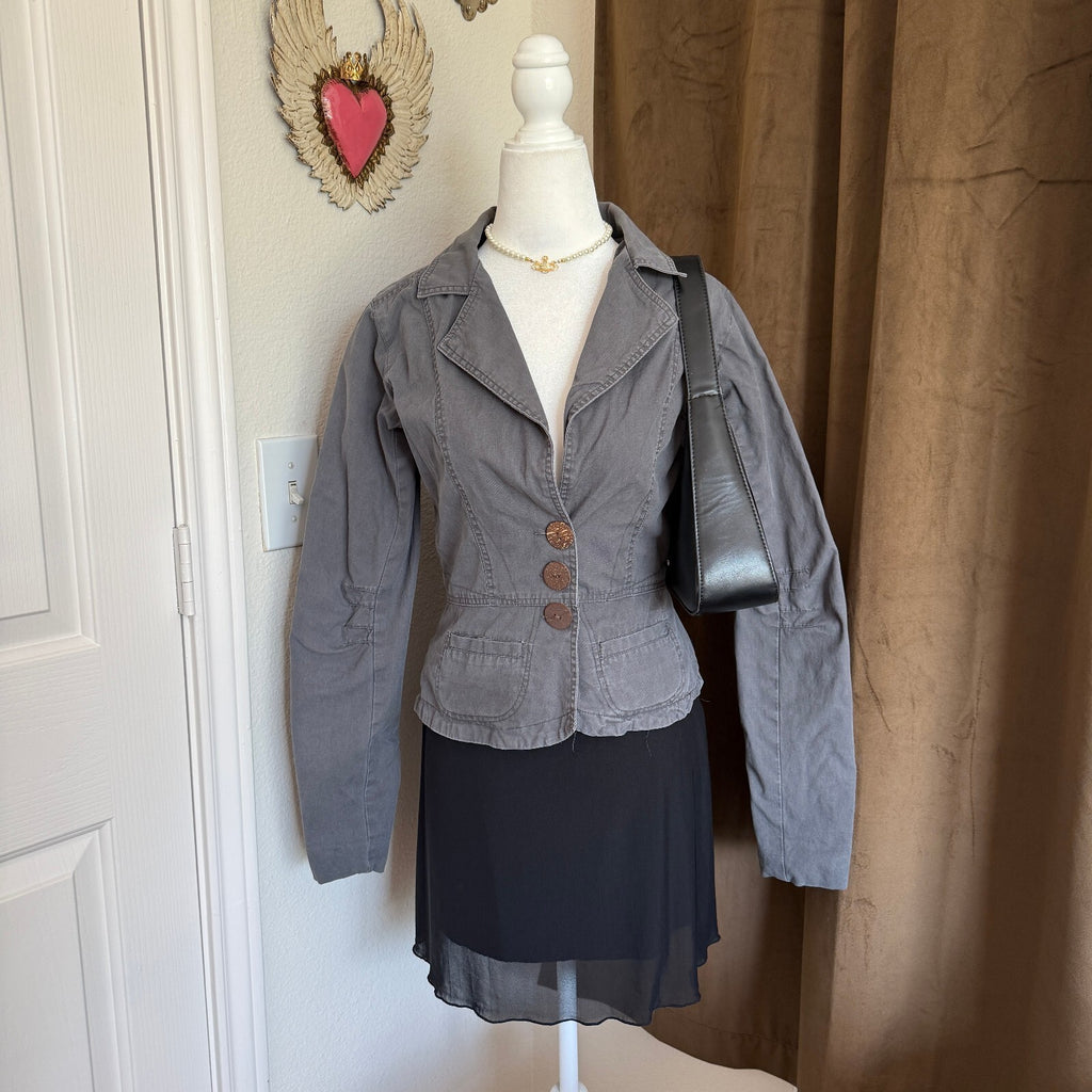 Nick and Mo Anthropologie Gray Cotton Fitted Blazer Jacket Coconut Buttons Sz S