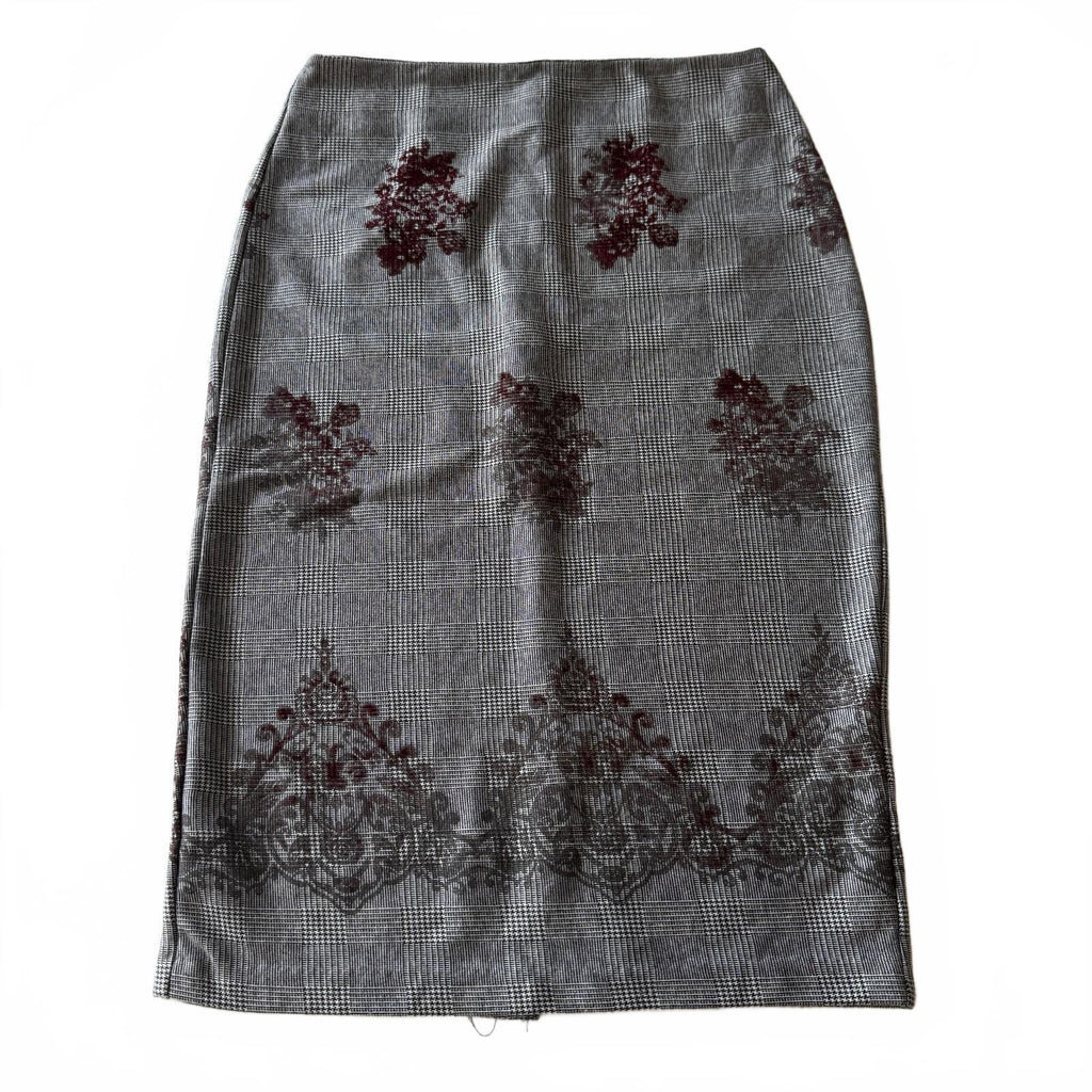 ECI New York Grey Plaid Burgundy Whimsical Floral Pencil Skirt Y2K Sz 6