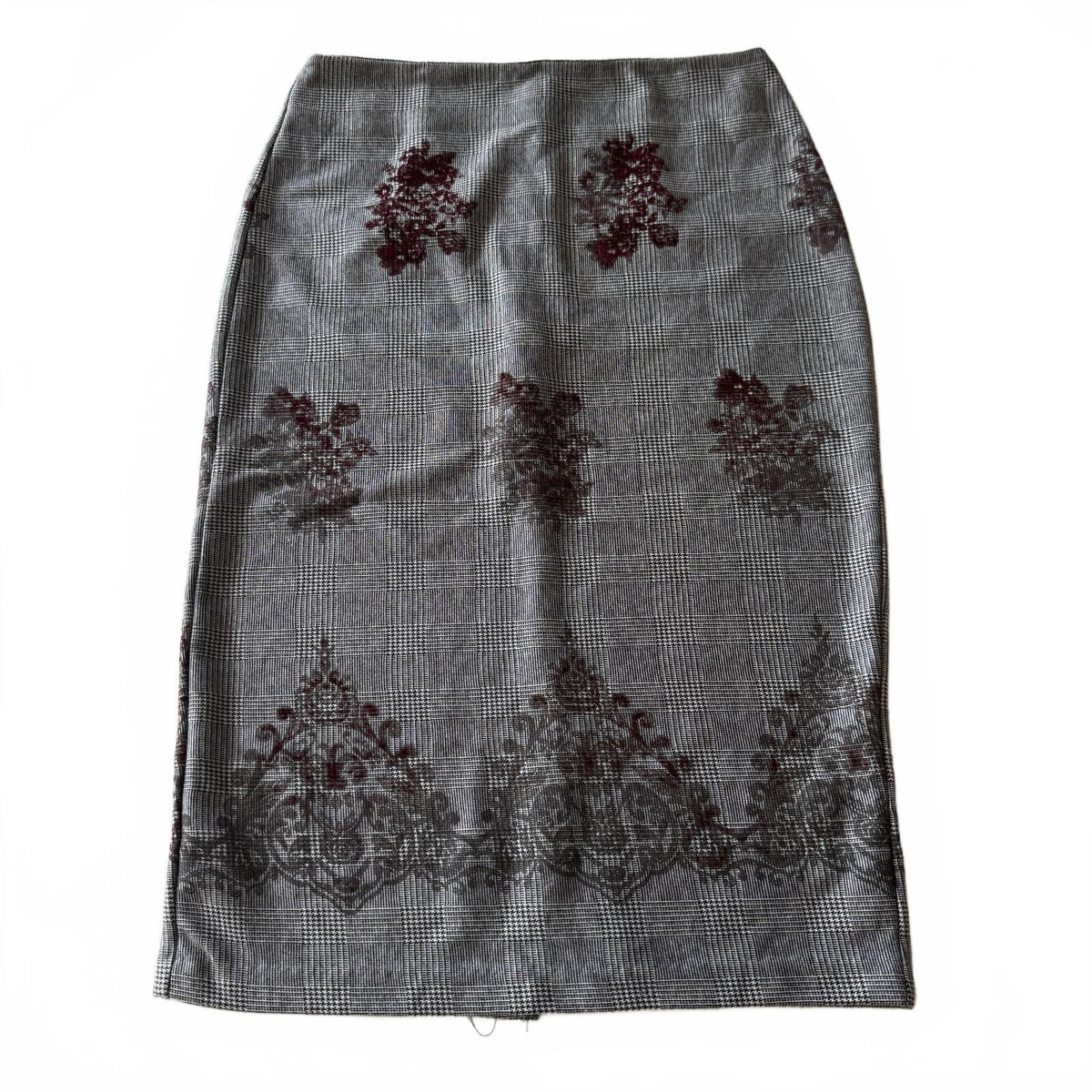 ECI New York Grey Plaid Burgundy Whimsical Floral Pencil Skirt Y2K Sz 6