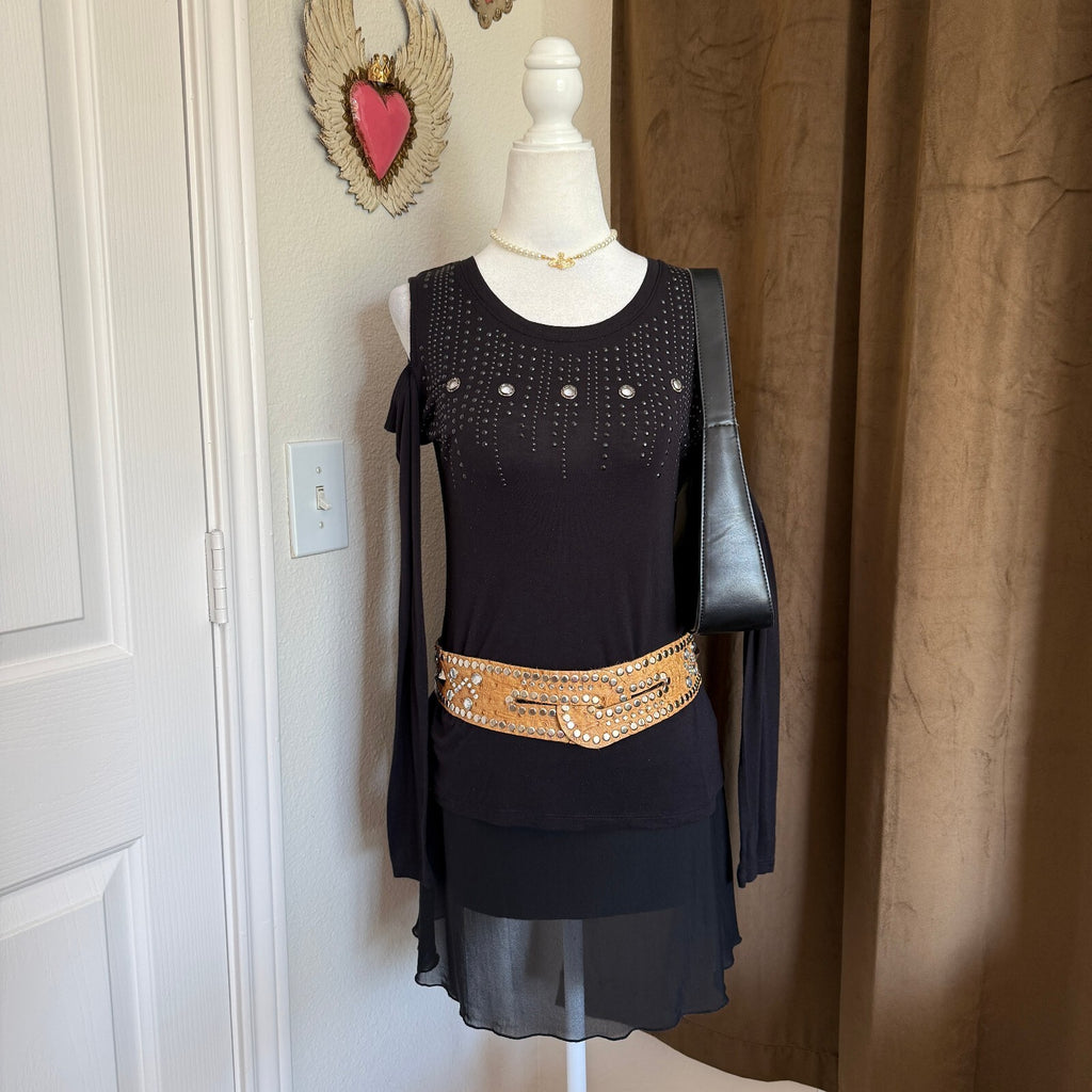 Rock & Republic Black Studded Cold Shoulder Top XS Grommet Long Sleeve