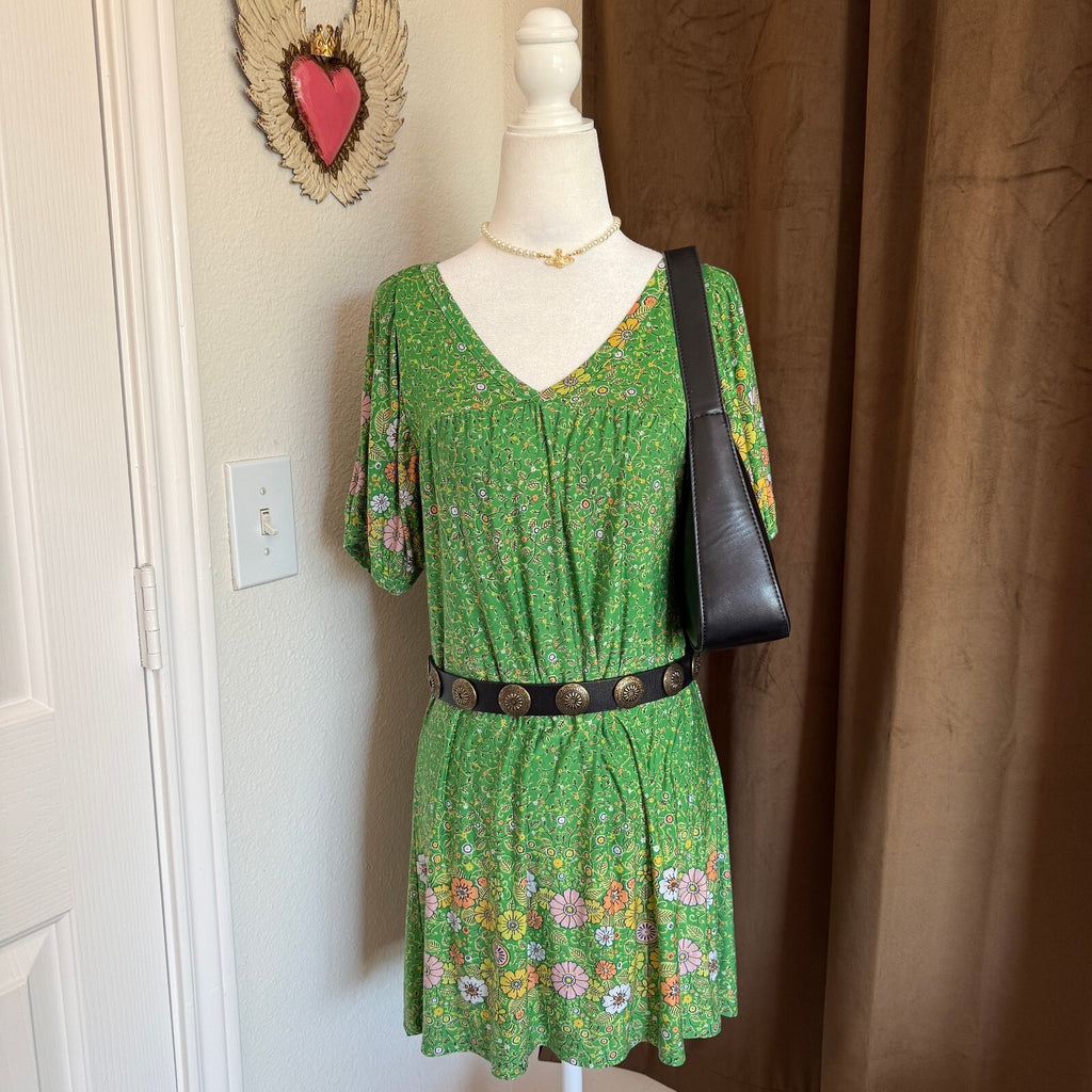 GLAM Green Floral V-Neck Short Puff Sleeve Dress, Lightweight Casual Summer