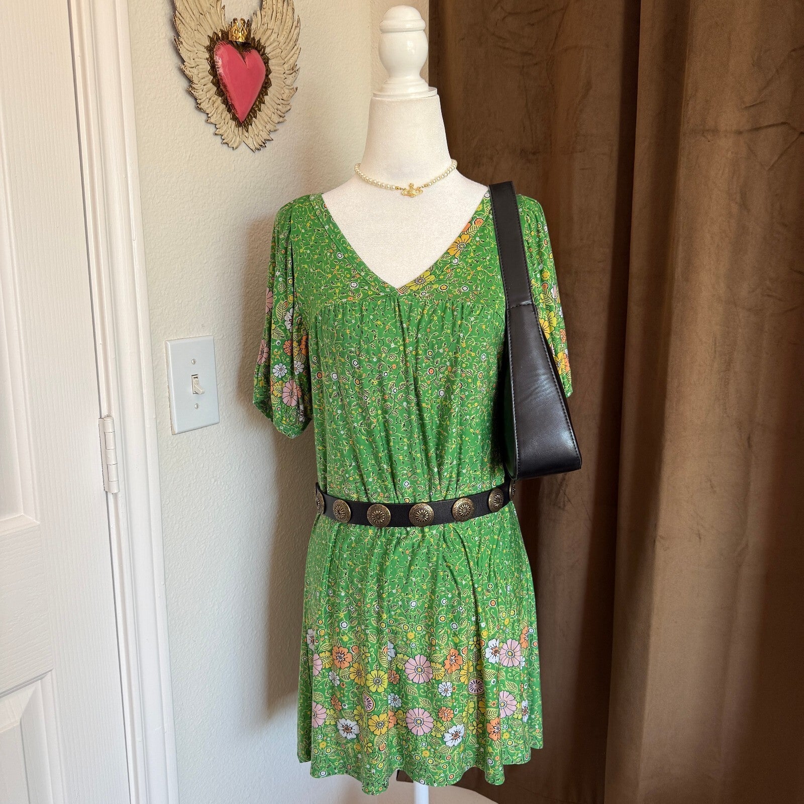 GLAM Green Floral V-Neck Short Puff Sleeve Dress, Lightweight Casual Summer