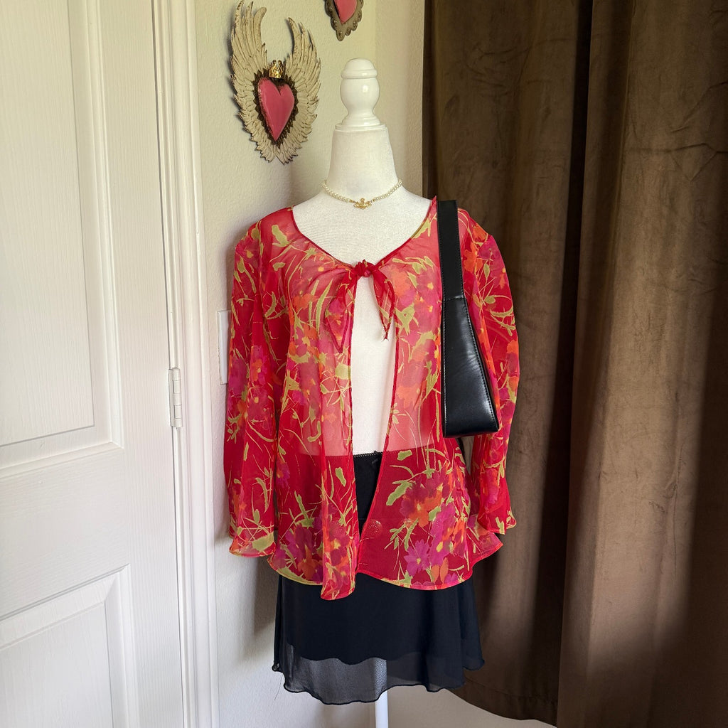 Sheer Red Pink Floral Tie-Front Kimono Top Y2K Fairycore Boho Bell Sleeve Vtg