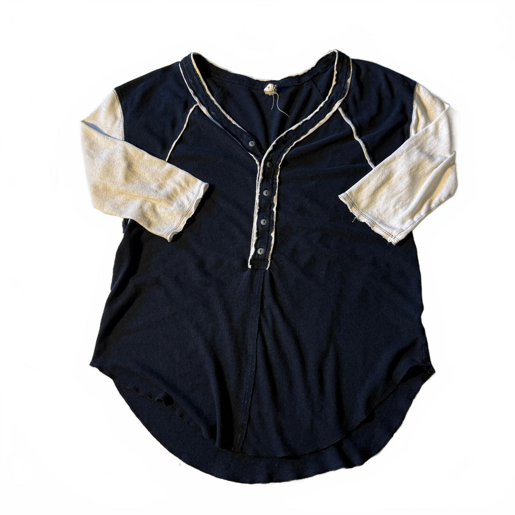 We The Free People Black Colorblock Baseball Henley Top Linen Cotton Blend Sz S