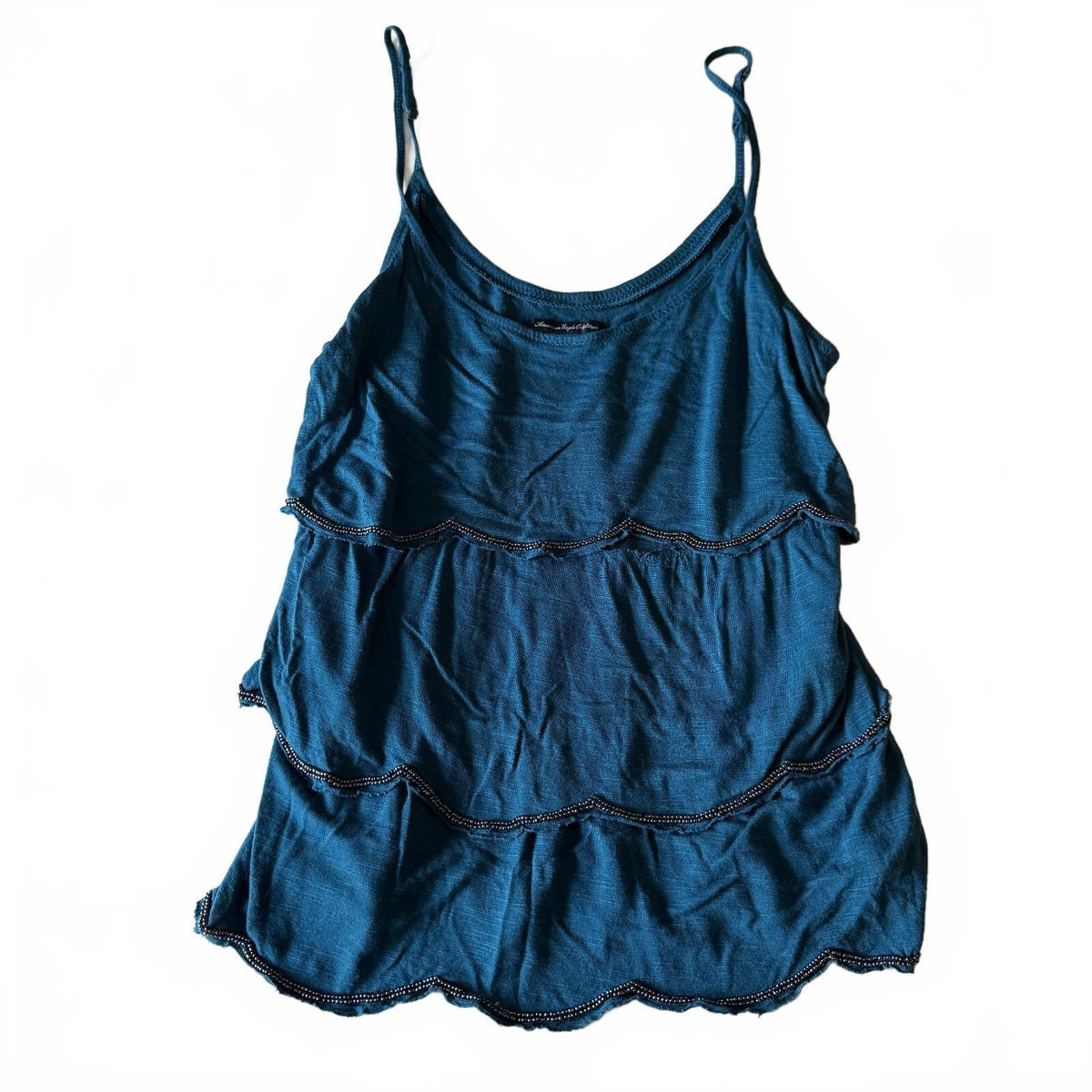 American Eagle Beaded Ruffled Boho Chic Teal Tiered Tank Top