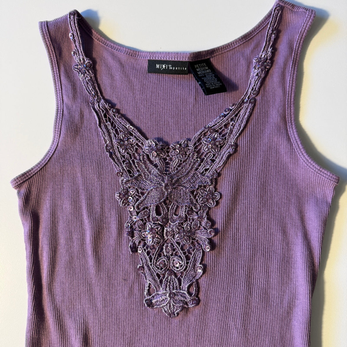 Mixit Petite Purple Ribbed Tank Top Crochet Lace Applique Sequins Y2K Boho Sz M