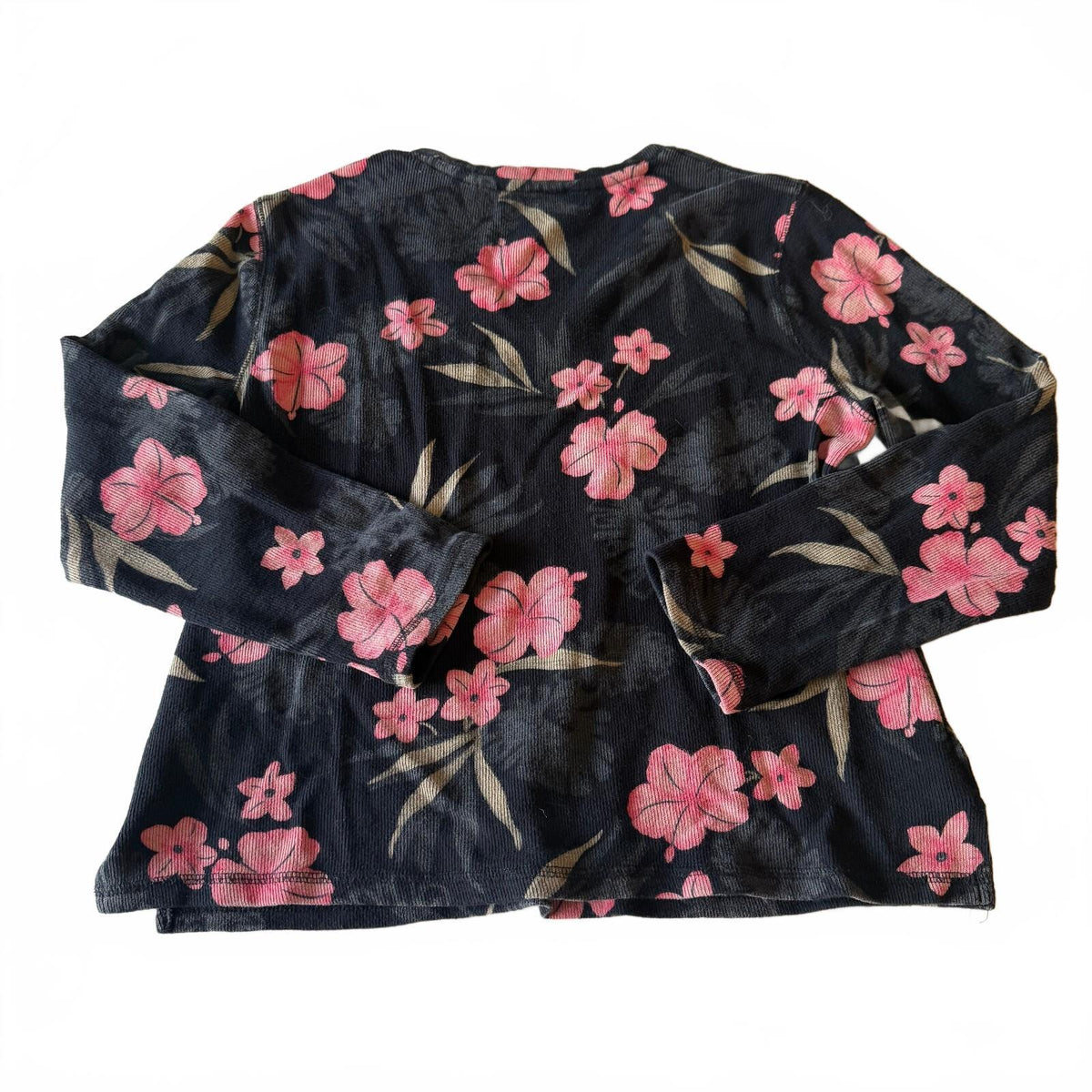 Jamaica Bay Y2K Black Floral V-Neck Long Sleeve Ribbed Top Size L Cotton