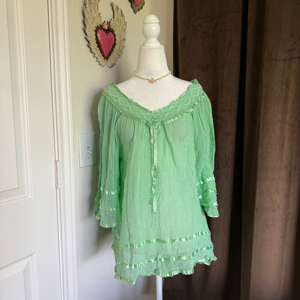 Bohemian Angel Sleeve Gauze Top Crochet & Ribbon Detail Bell Sleeves and Ruffles
