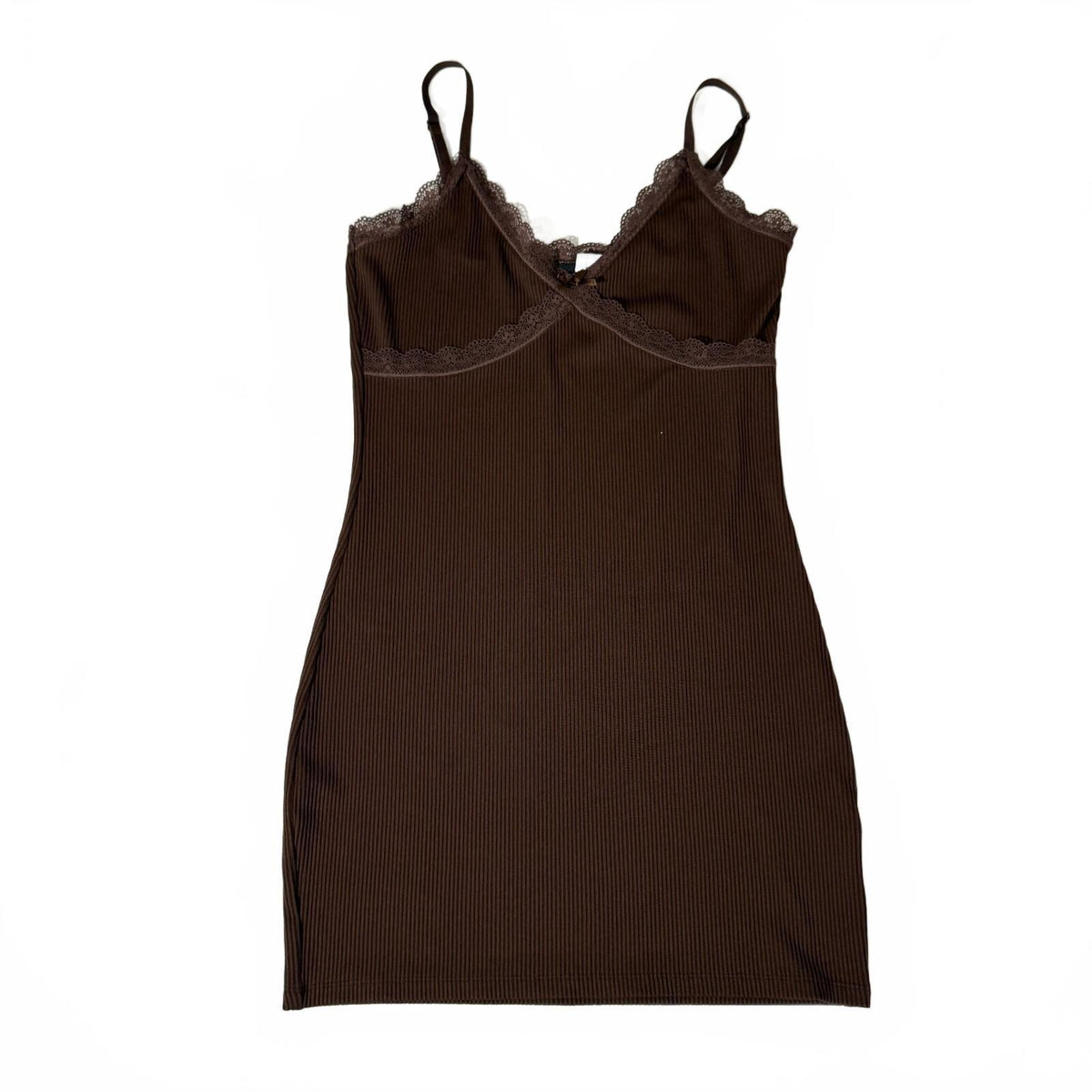 H&M Divided Lace Trim Brown Mini Dress Coquette Girly Feminine Ribbed Bodycon