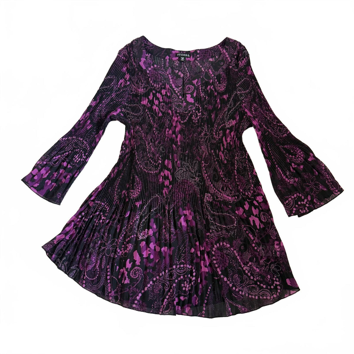 George Women's 1X 16W Purple Paisley Print Pleated Top Whimsical Practical Magic