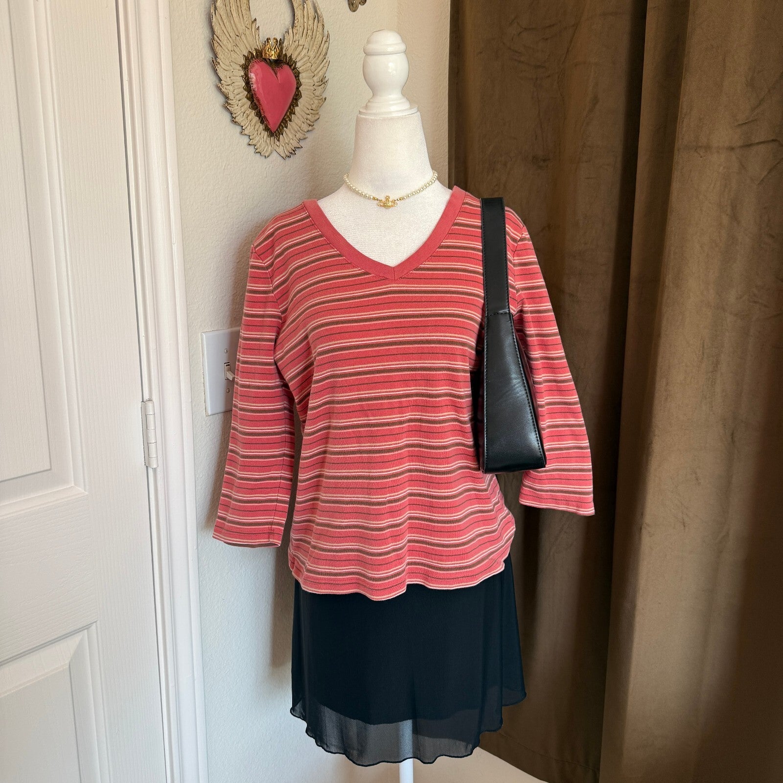 Women's Striped V-Neck Cotton Top in Coral and Brown 100% Cotton