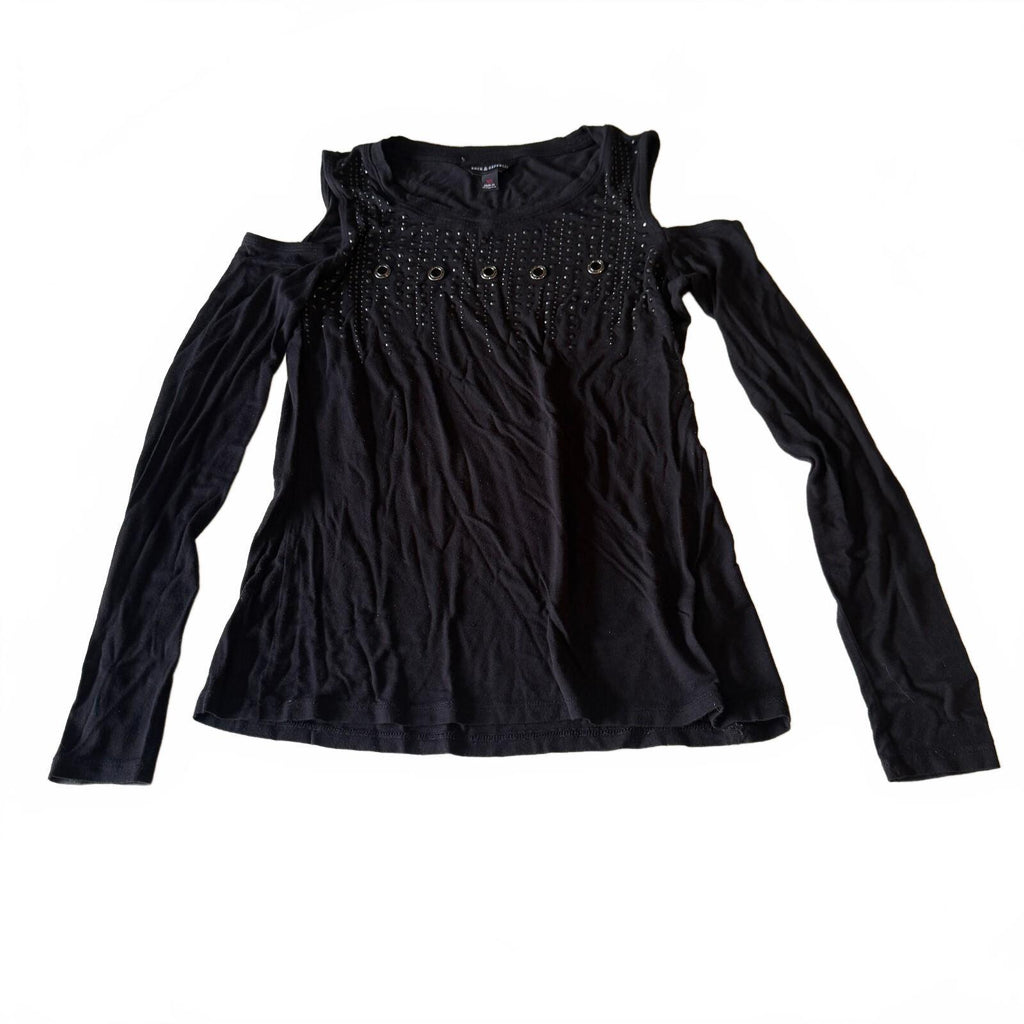 Rock & Republic Black Studded Cold Shoulder Top XS Grommet Long Sleeve
