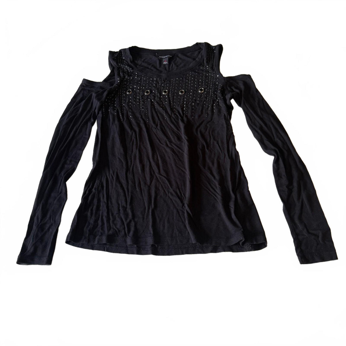 Rock & Republic Black Studded Cold Shoulder Top XS Grommet Long Sleeve