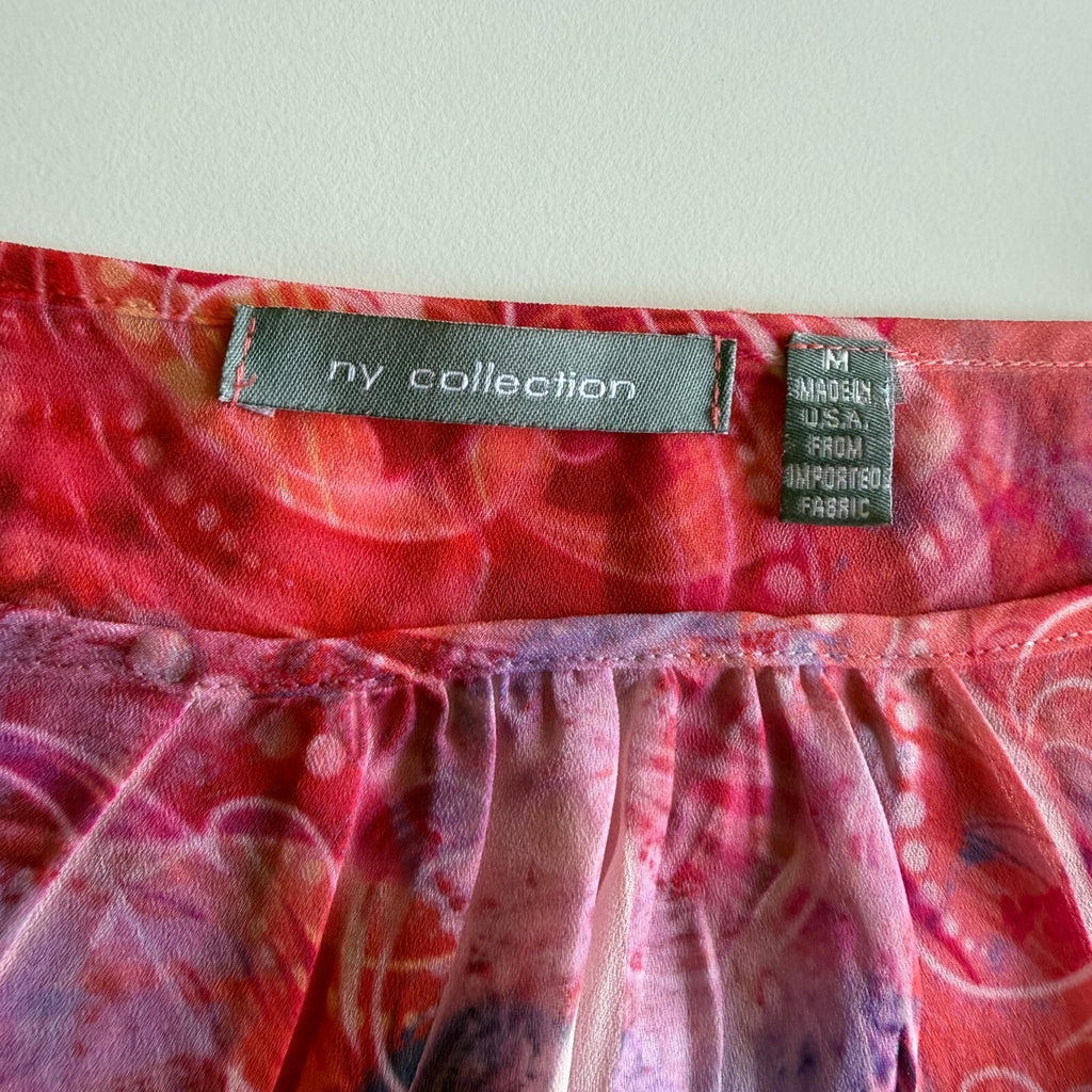 NY Collection Pink Abstract Floral Chiffon Flutter Sleeve Blouse Sz M Boho Fairy