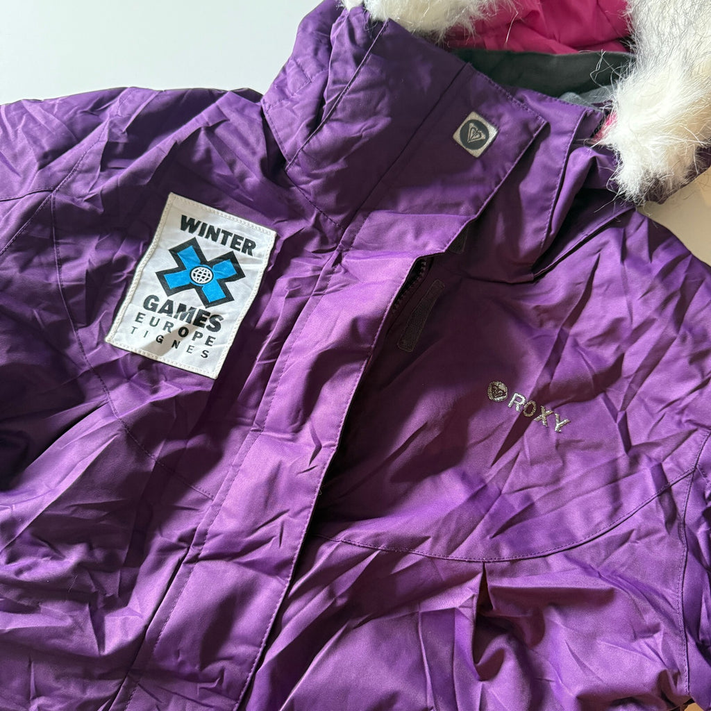 Roxy Purple 5K Faux Fur Hood Ski Jacket Winter X Games Tignes Patch Sz Medium