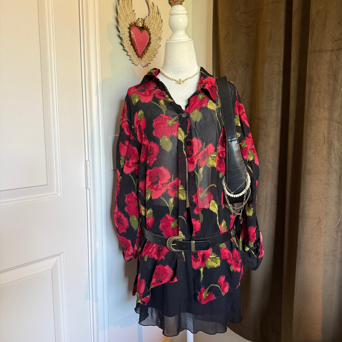 Vintage Chico's Red Floral Whimsical Sheer Button-Up Fall Layering Cottagecore