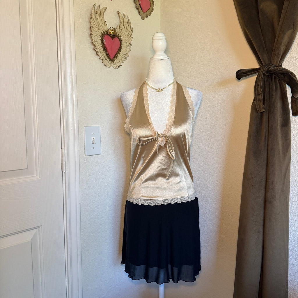 Satin Lace Trim Cami Halter Top Champagne Tie Detail Thirty Thirty LA Size Large