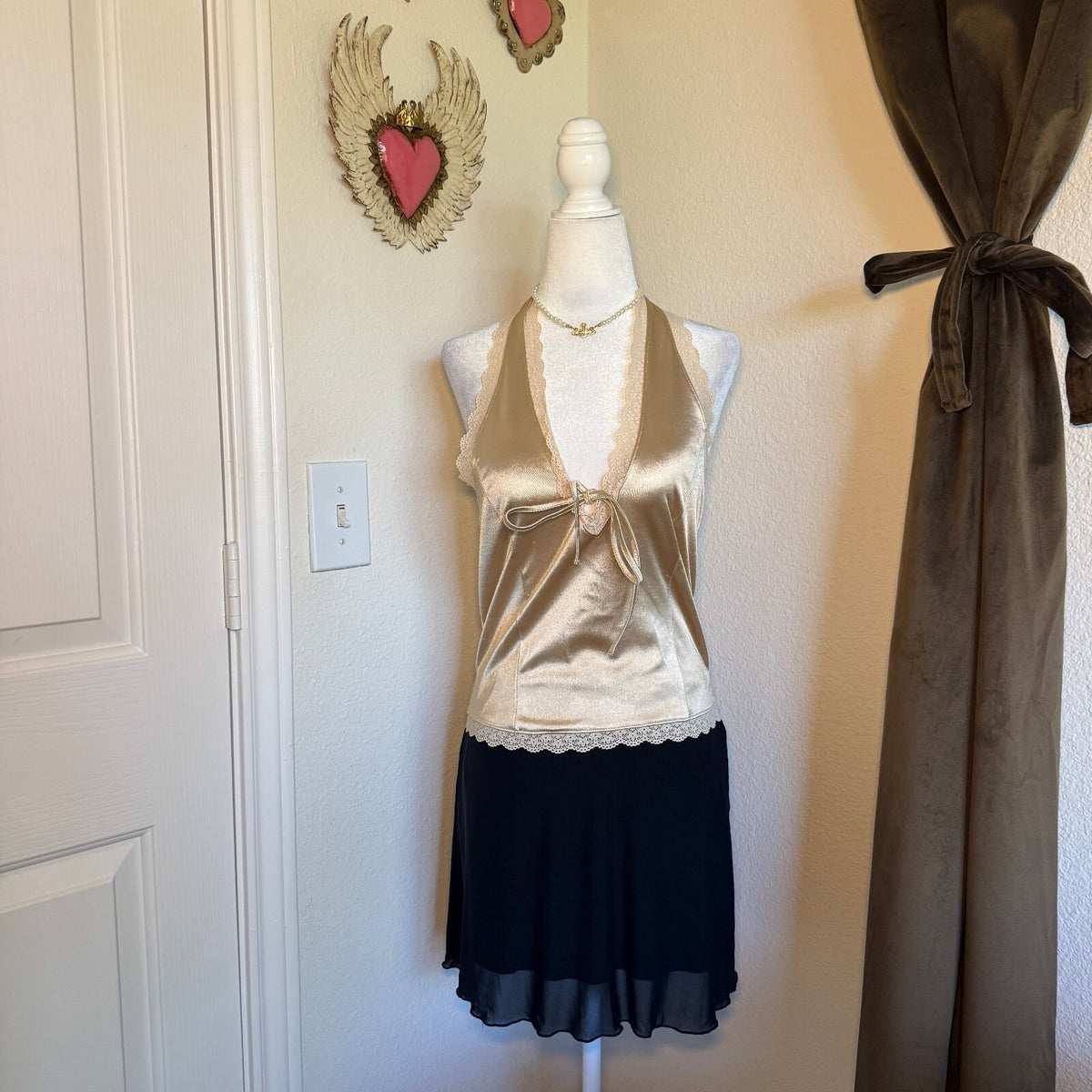 Satin Lace Trim Cami Halter Top Champagne Tie Detail Thirty Thirty LA Size Large