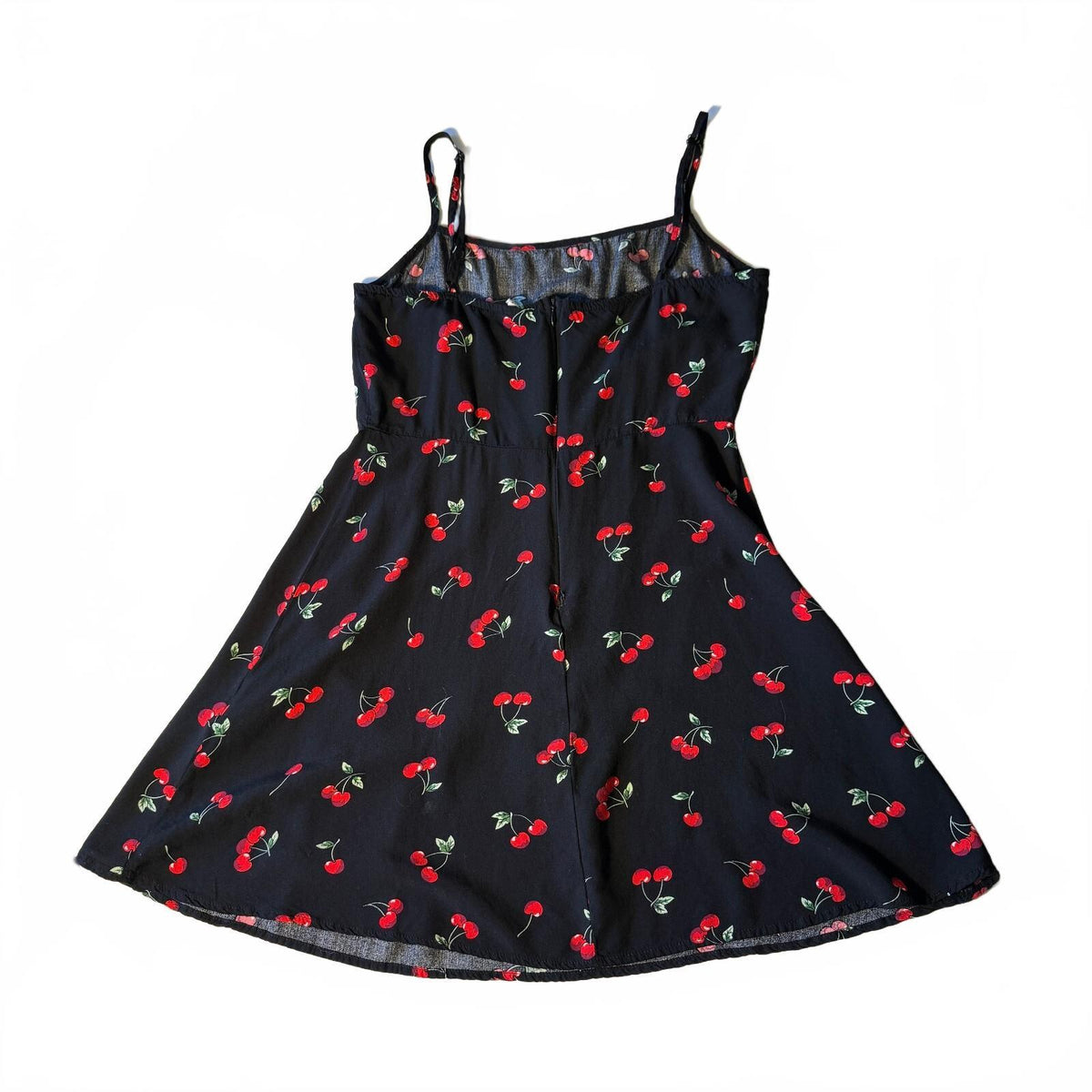 H&M Black Cherry Print Mini Dress Cami Strap Fit Flare Coquette Pinup Style Sz M