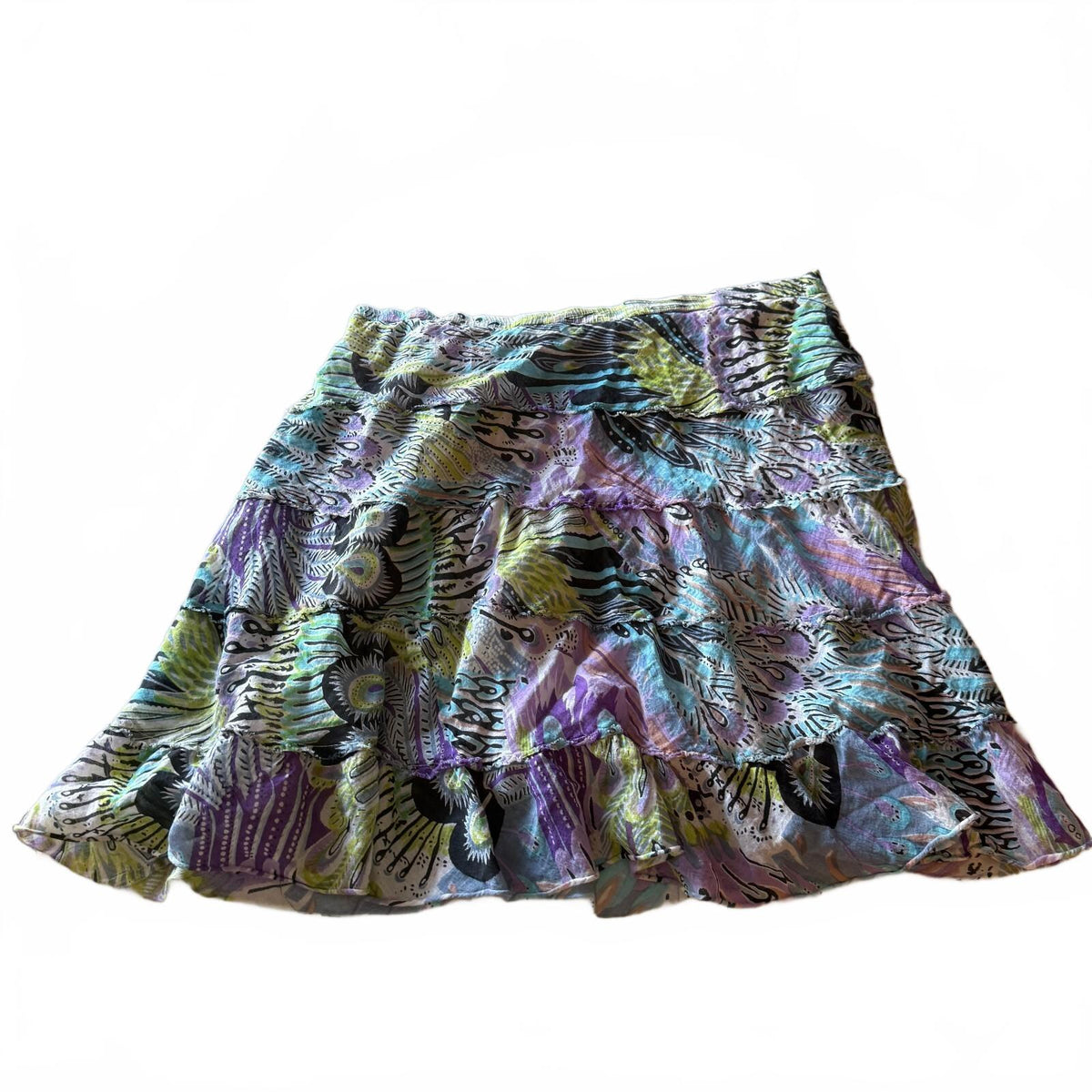 Studio West Tiered Mini Skirt Abstract Print Boho Festival Y2K Whimsigoth Fairy