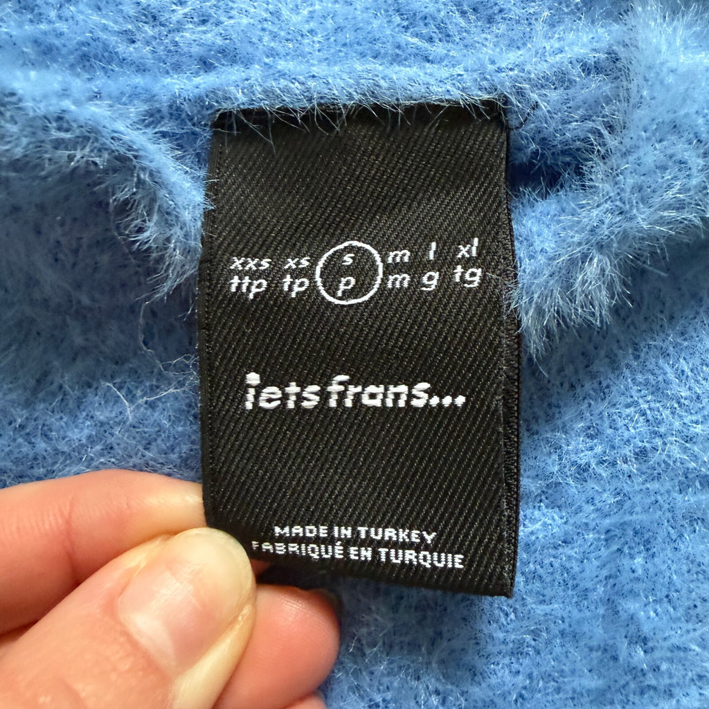 thriftalina iets Frans Mohair Cropped Sweater Tie Back Mock Neck Blue