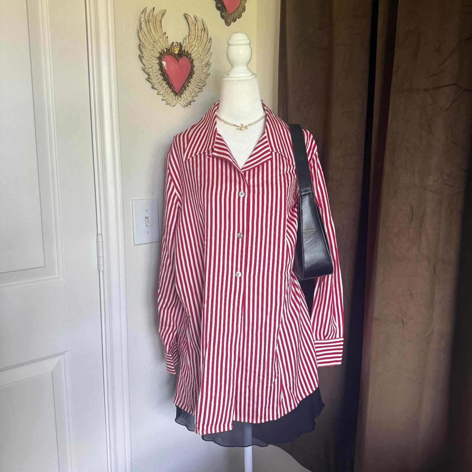 Valerie Stevens II Women's Red and White Vertical Stripe Silk Blouse Size 18W