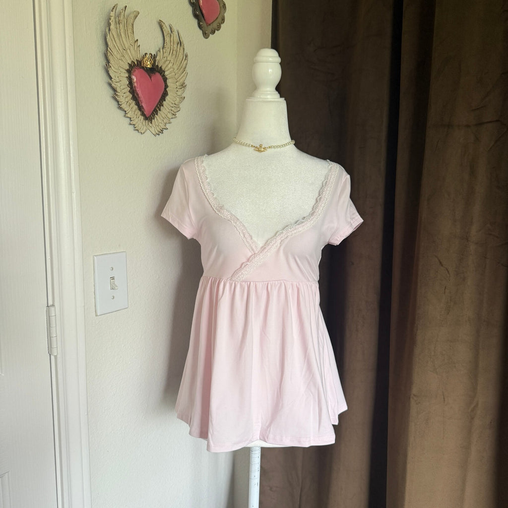 Women's Soft Pink V-Neck Lace Trim Top with Polka Dot Sash Belt, Short Sleeves,
