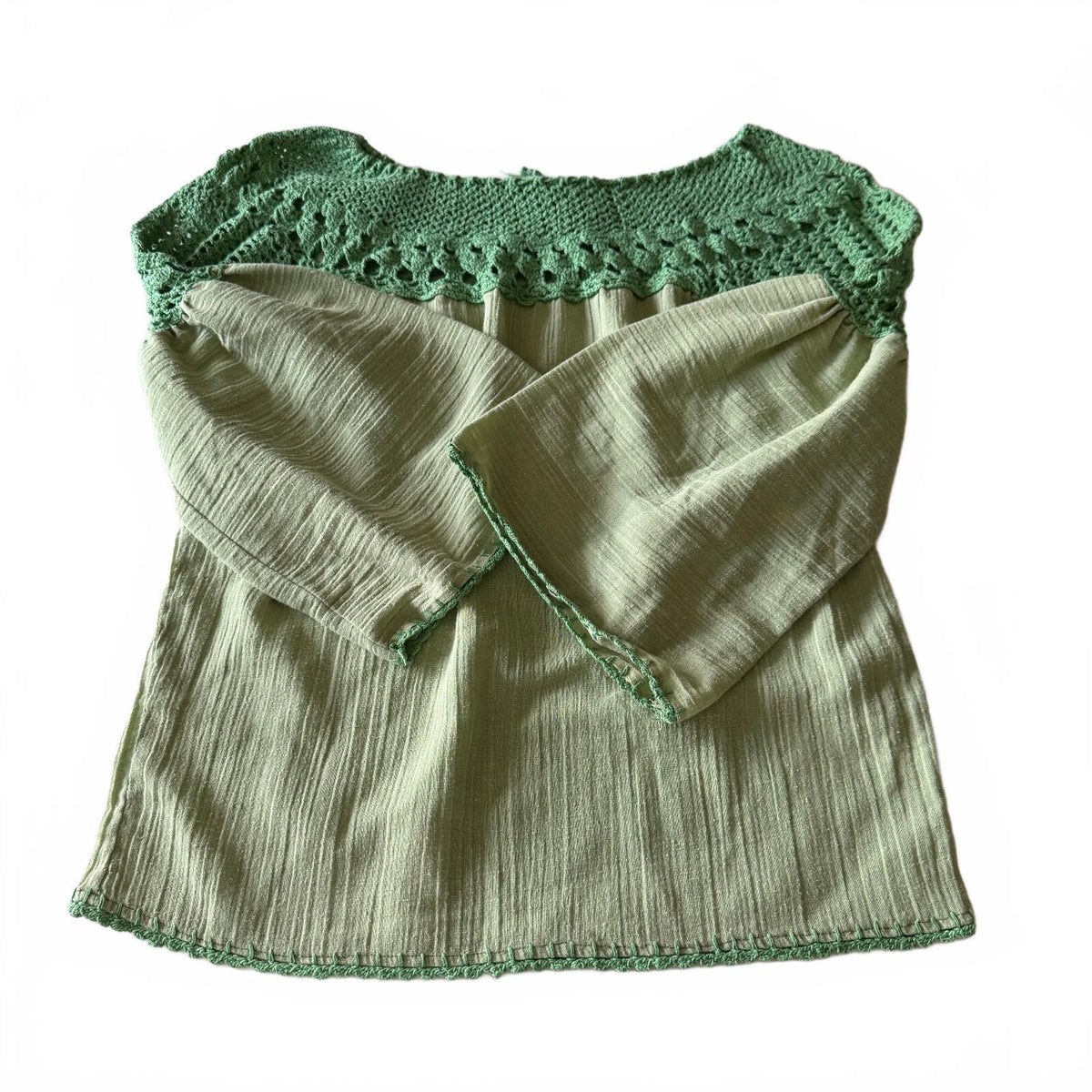 Sage Green Crochet Yoke Boho Peasant Top Cottagecore Fairycore Bell Sleeve