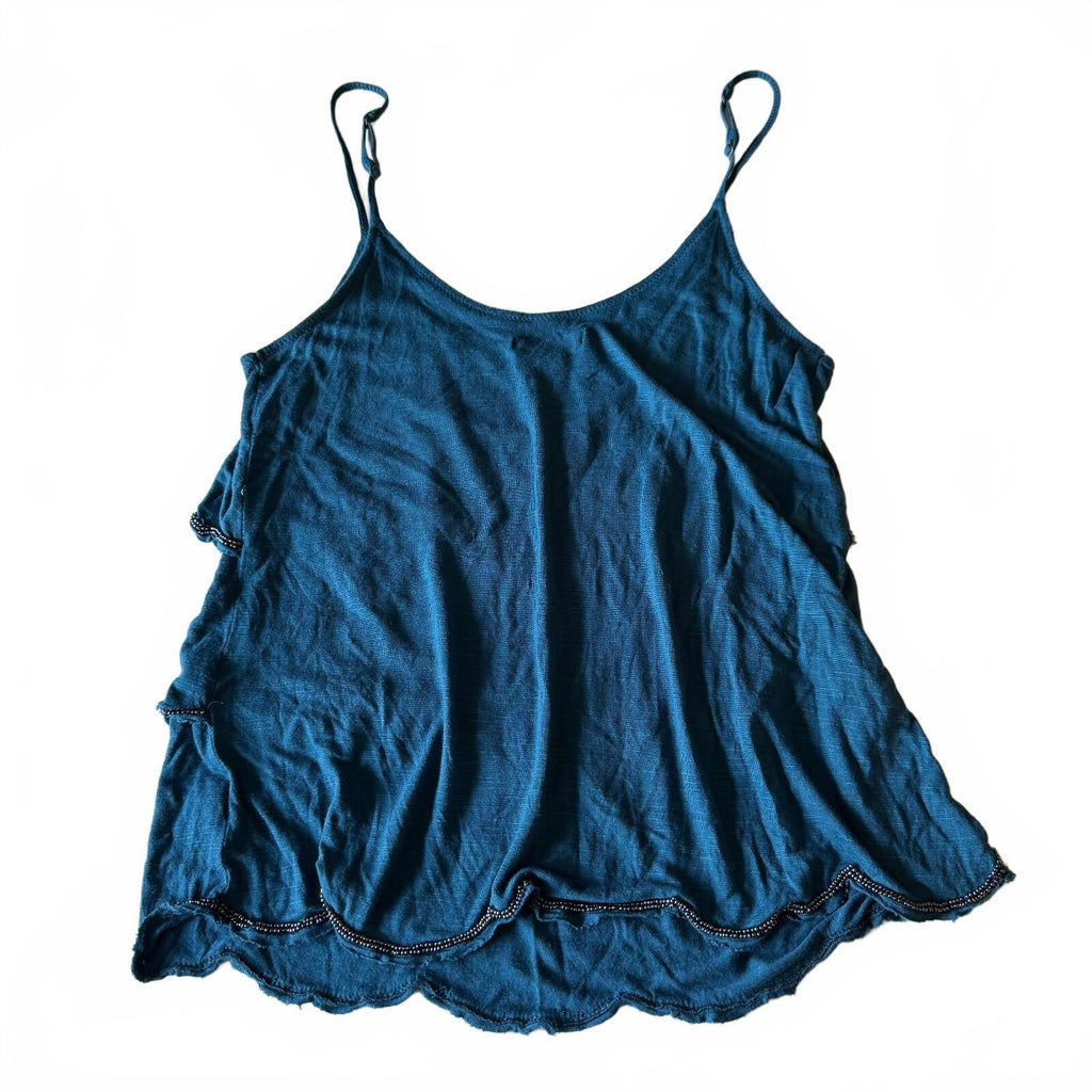 American Eagle Beaded Ruffled Boho Chic Teal Tiered Tank Top