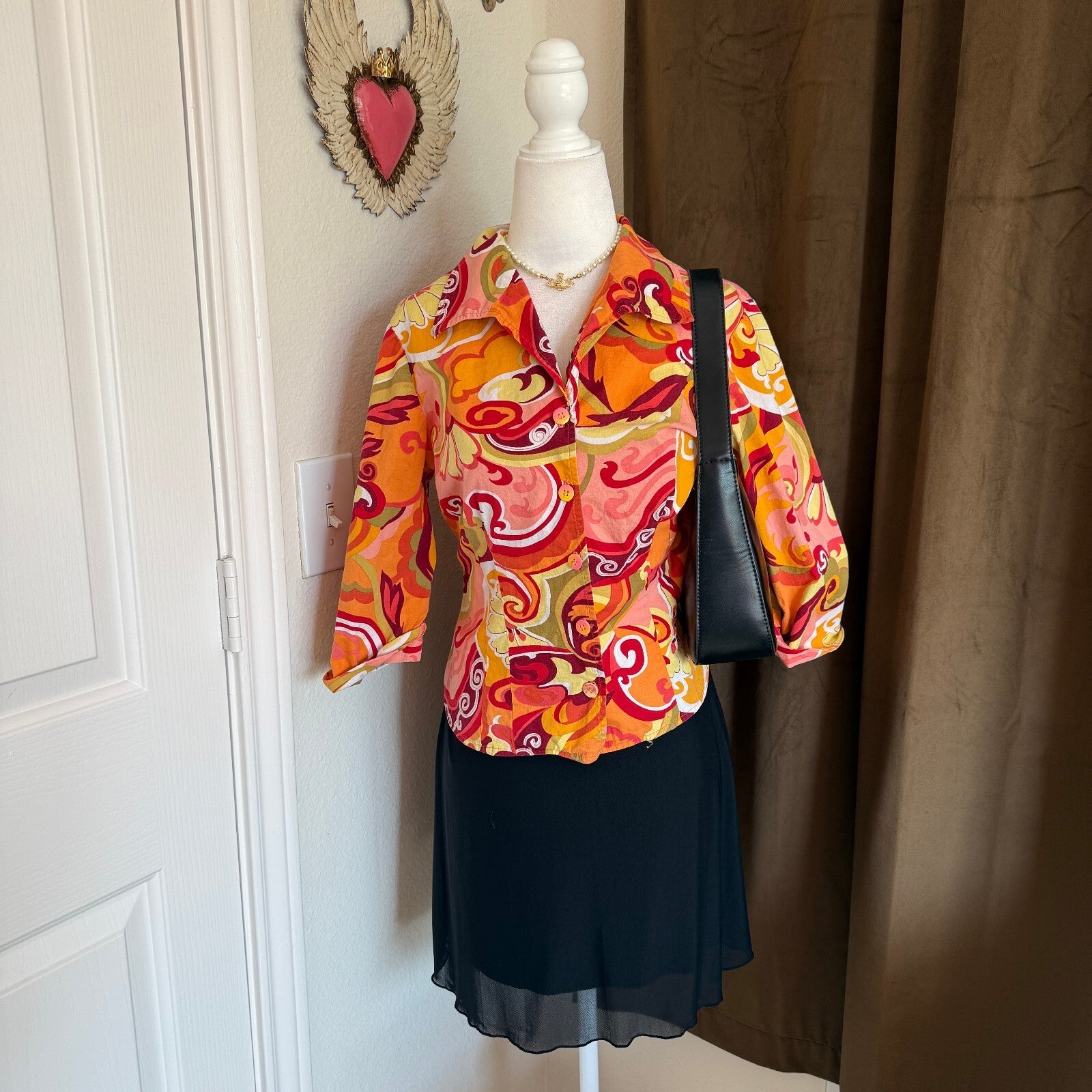 Sharon Young Vintage 1970s Style Multicolor Cotton Blend Button-Up Shirt Size 8