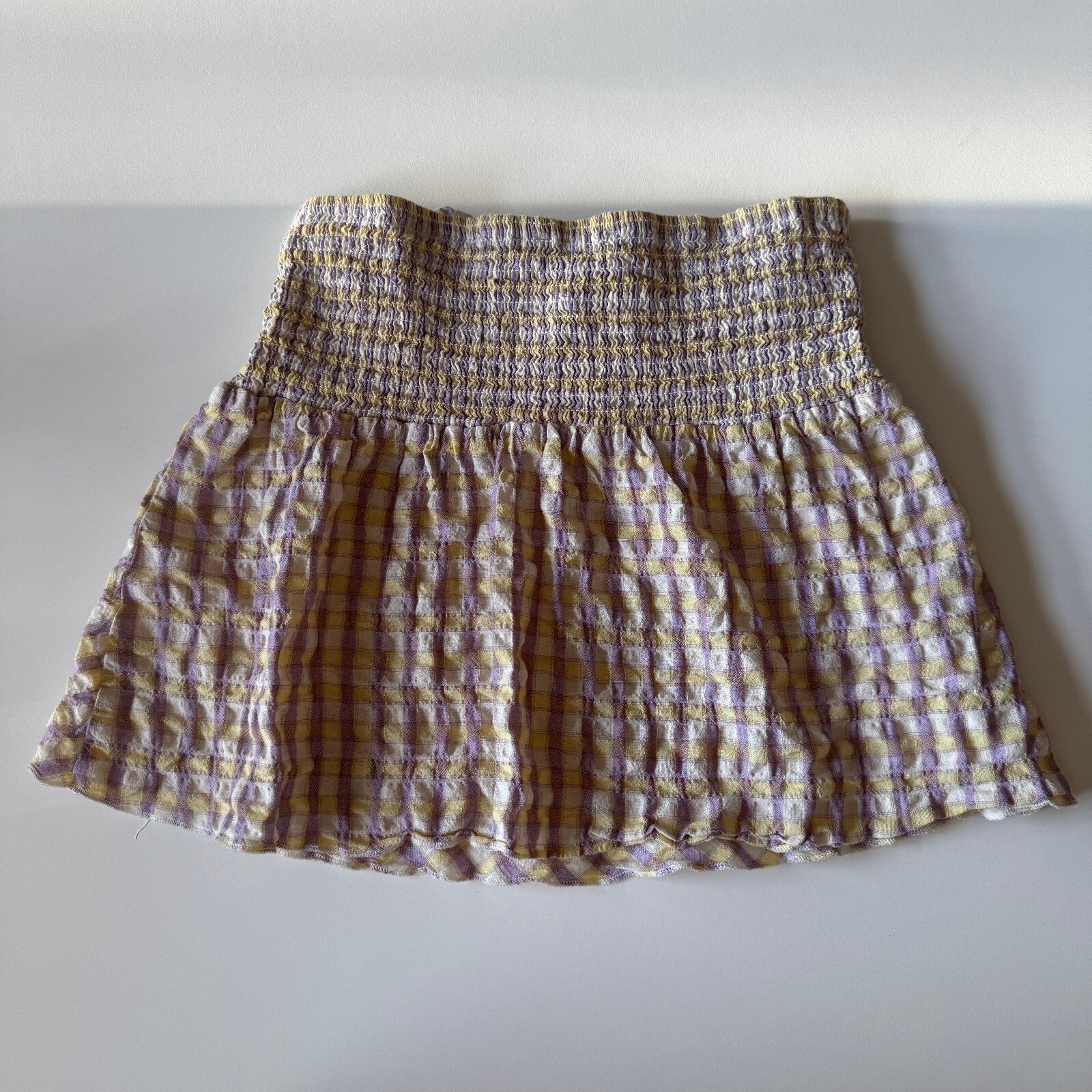 Forever 21 Smocked Strapless Plaid Crop Top in Yellow and Purple, Size Small