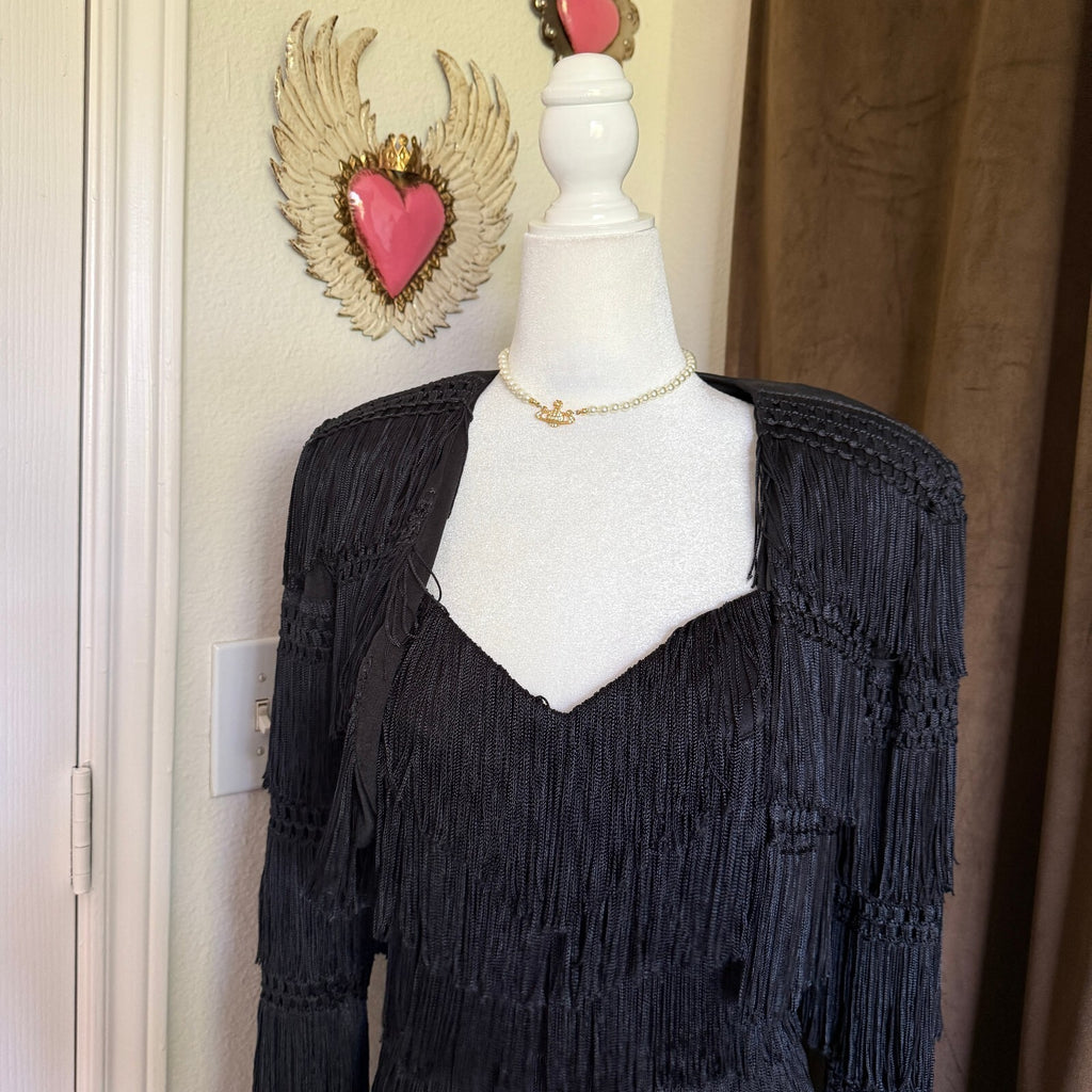 Cache Gold Label Vintage 1980's Fringe Midi Dress with Matching Cardigan