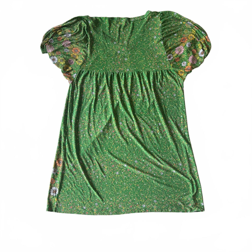 GLAM Green Floral V-Neck Short Puff Sleeve Dress, Lightweight Casual Summer