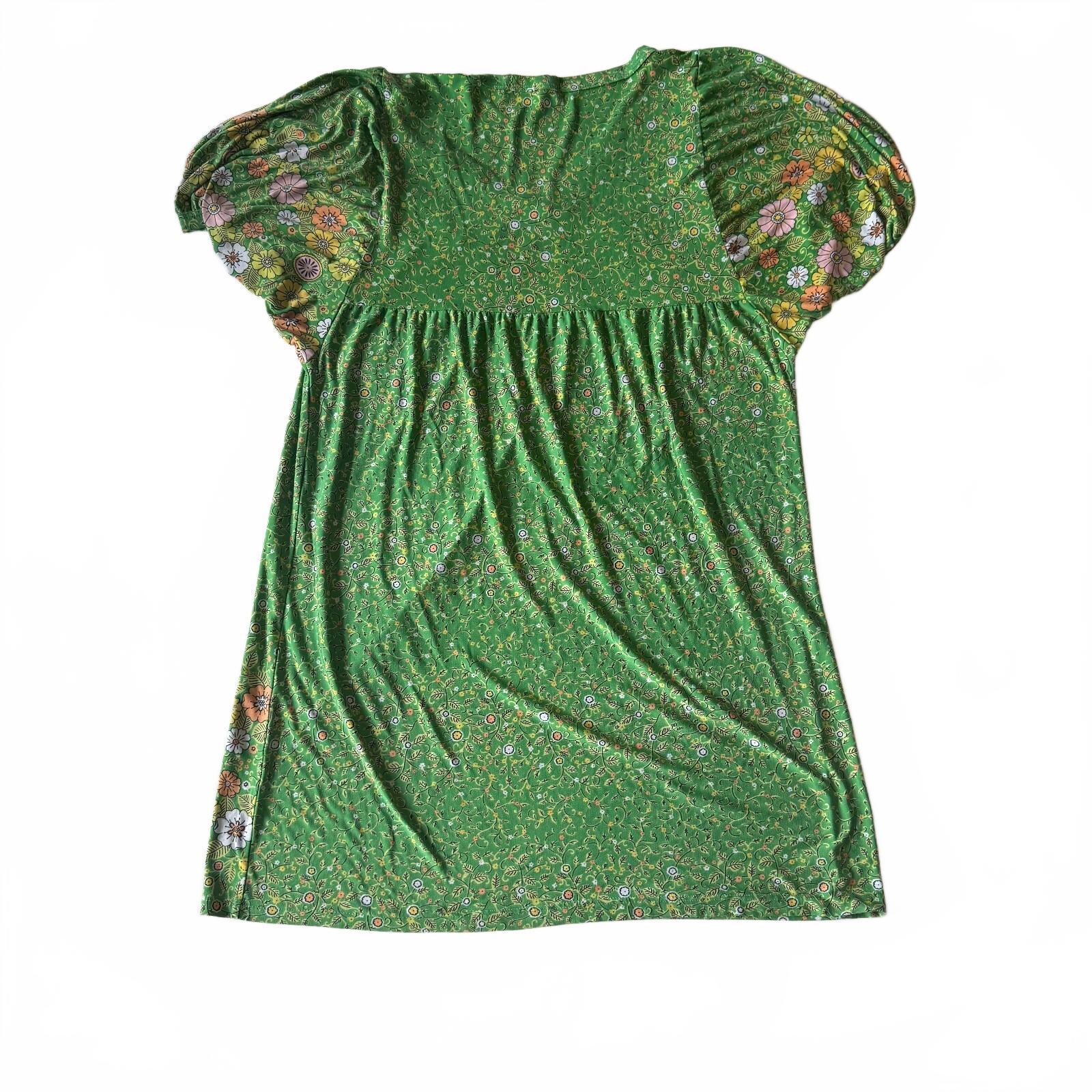GLAM Green Floral V-Neck Short Puff Sleeve Dress, Lightweight Casual Summer
